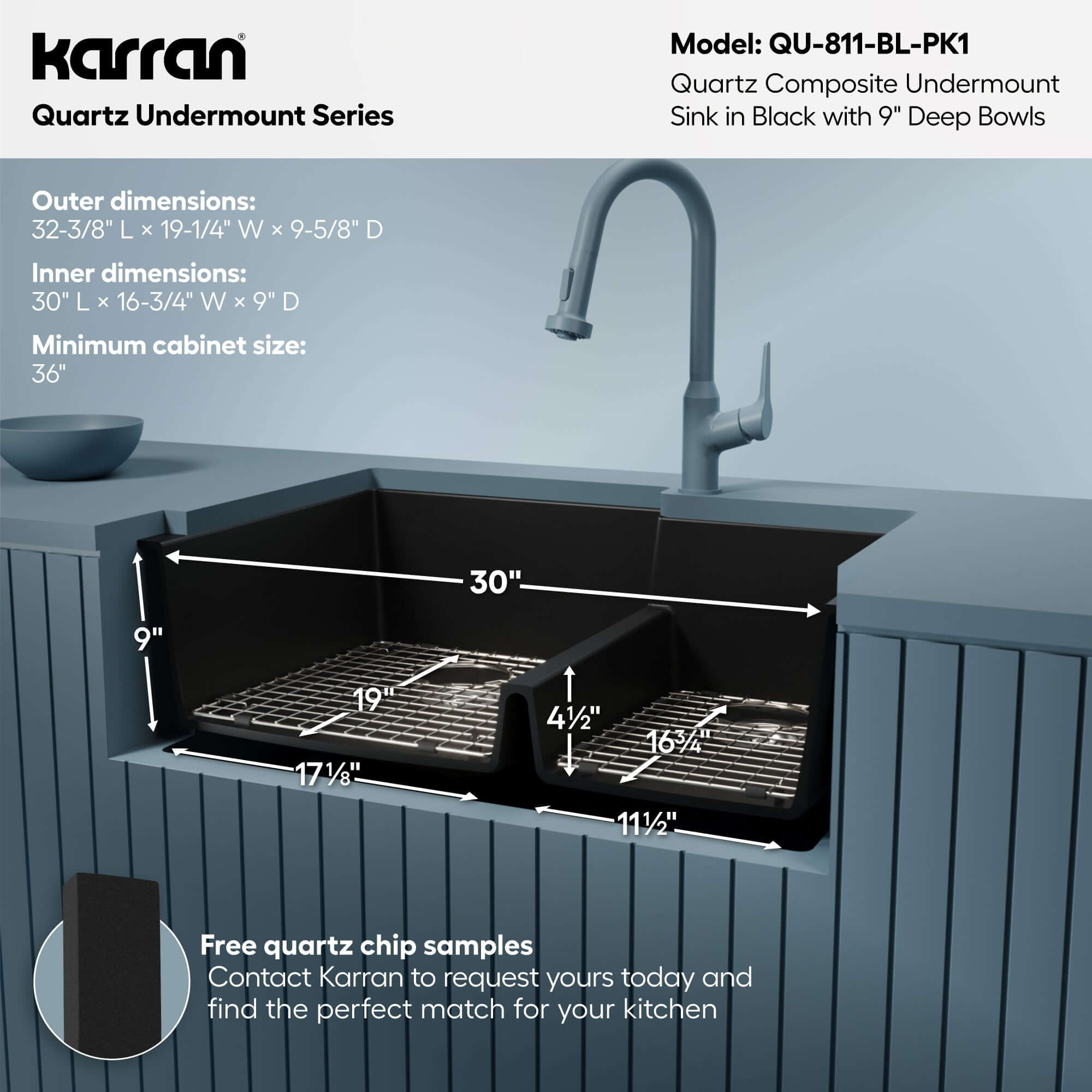 Alternative View of Karran 32" Undermount Quartz Composite Kitchen Sink with Accessories, 60/40 Double Bowl, Black, QU-811-BL-PK1