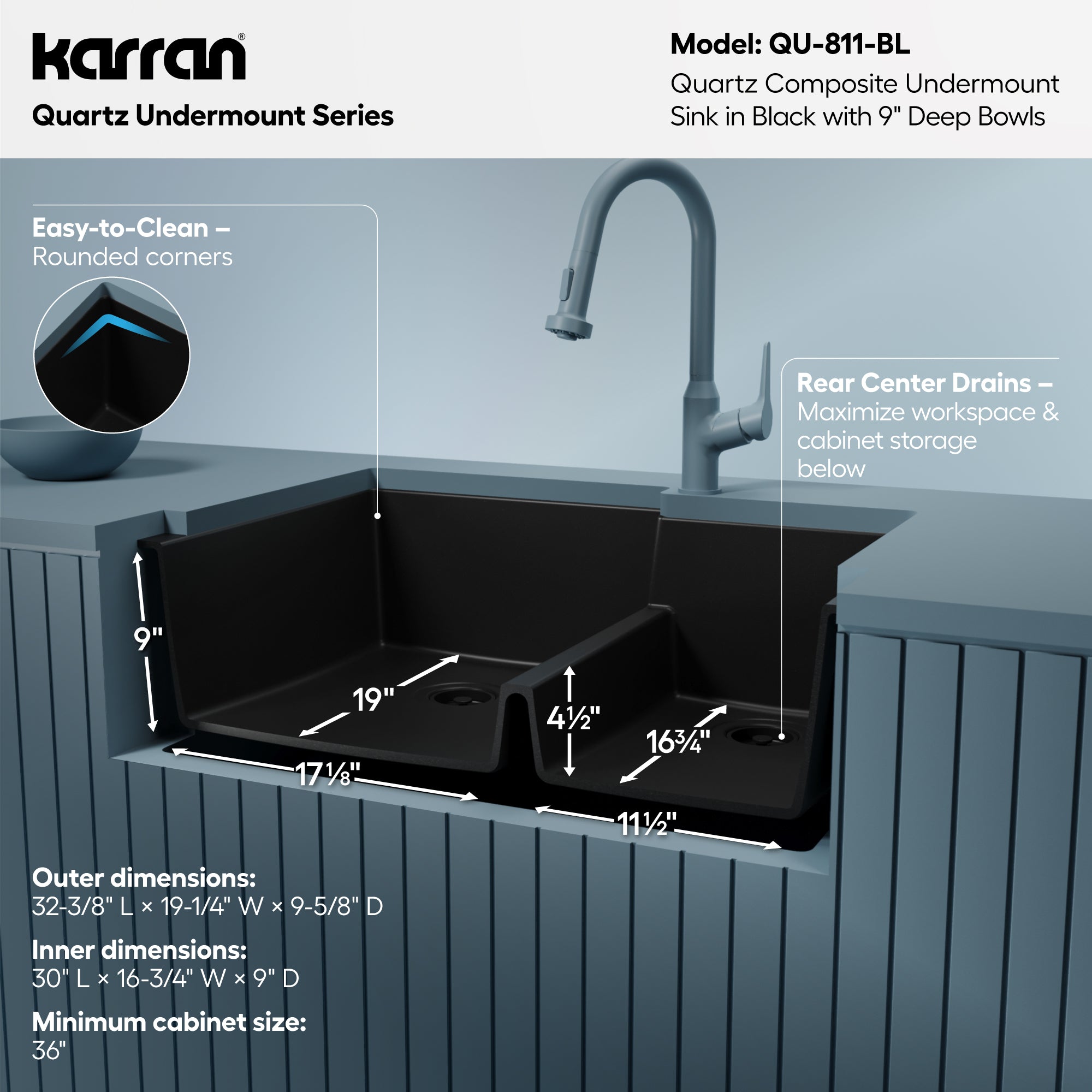 Alternative View of Karran 32" Undermount Quartz Composite Kitchen Sink, 60/40 Double Bowl, Black, QU-811-BL