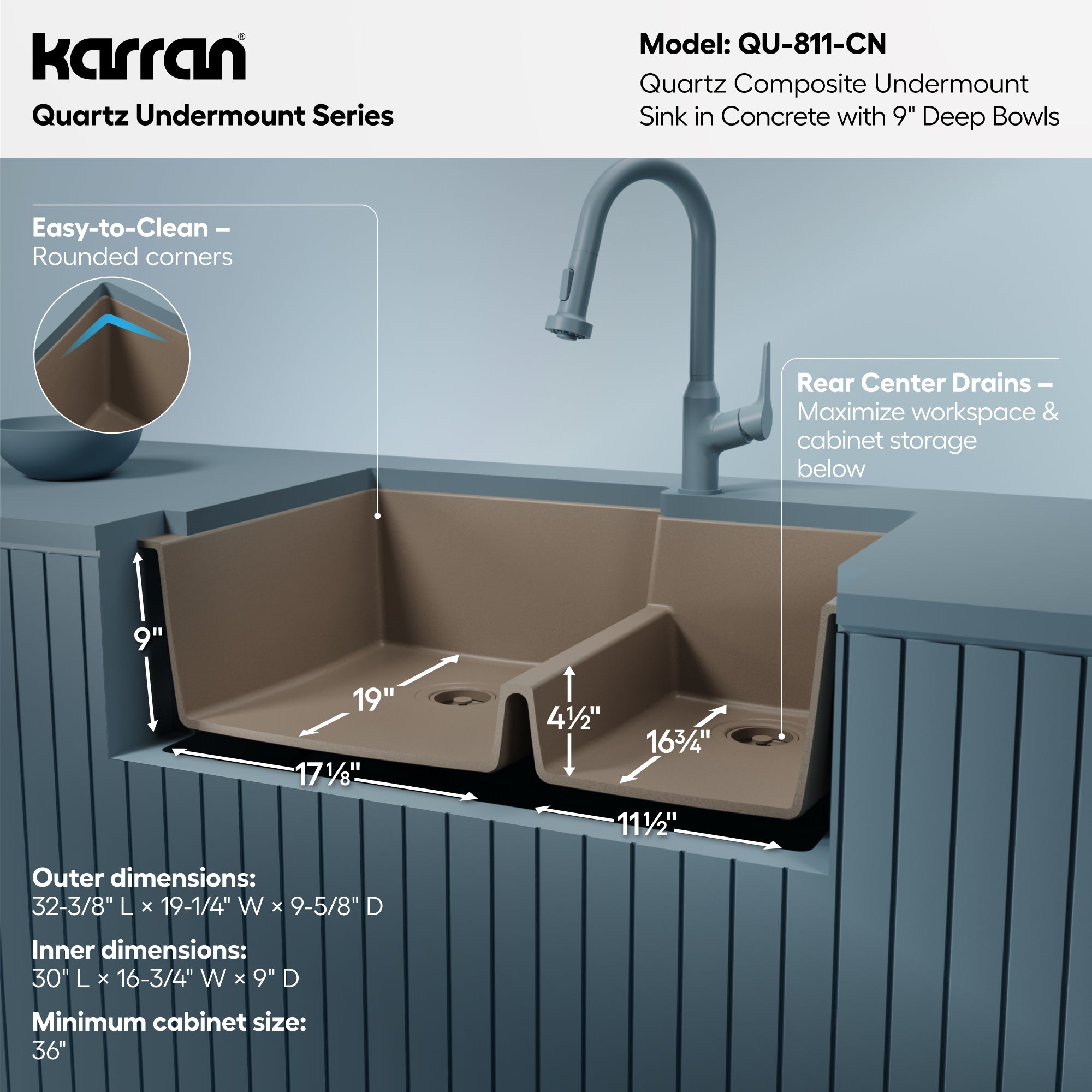 Alternative View of Karran 32" Undermount Quartz Composite Kitchen Sink, 60/40 Double Bowl, Concrete, QU-811-CN