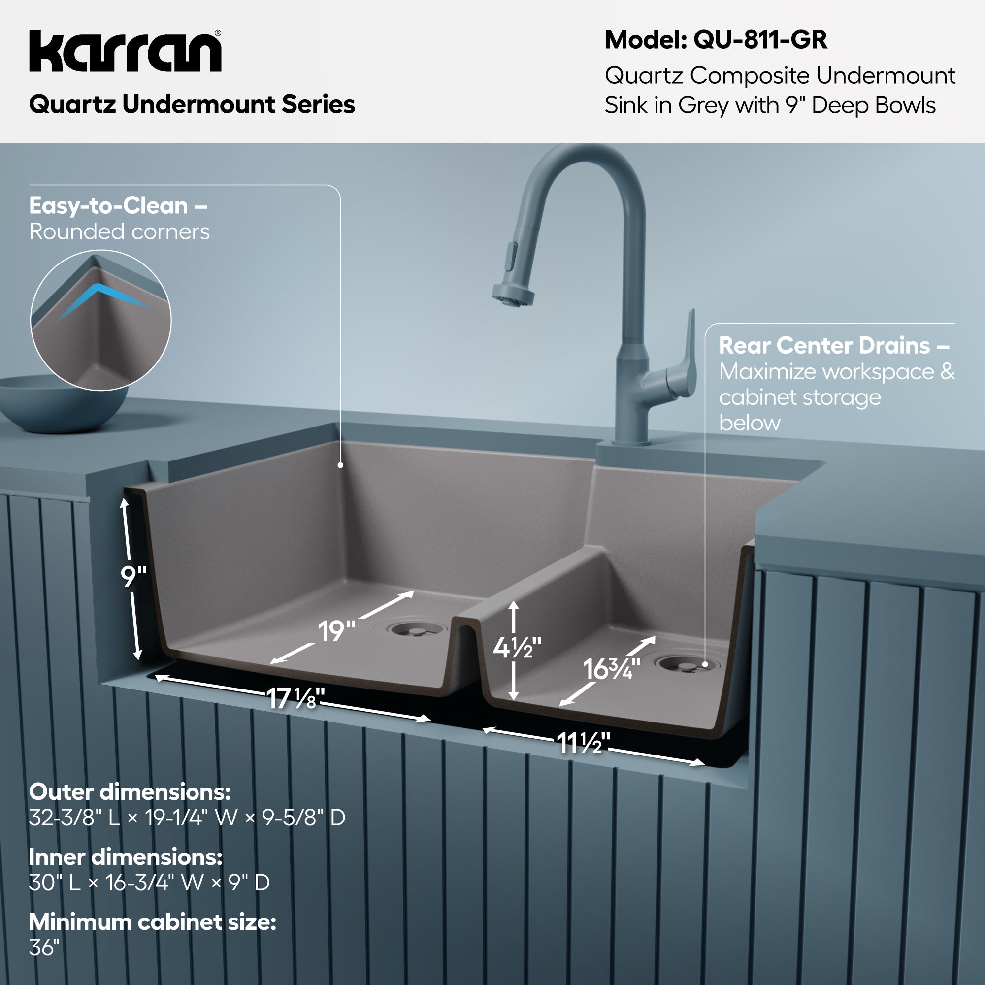 Alternative View of Karran 32" Undermount Quartz Composite Kitchen Sink, 60/40 Double Bowl, Grey, QU-811-GR