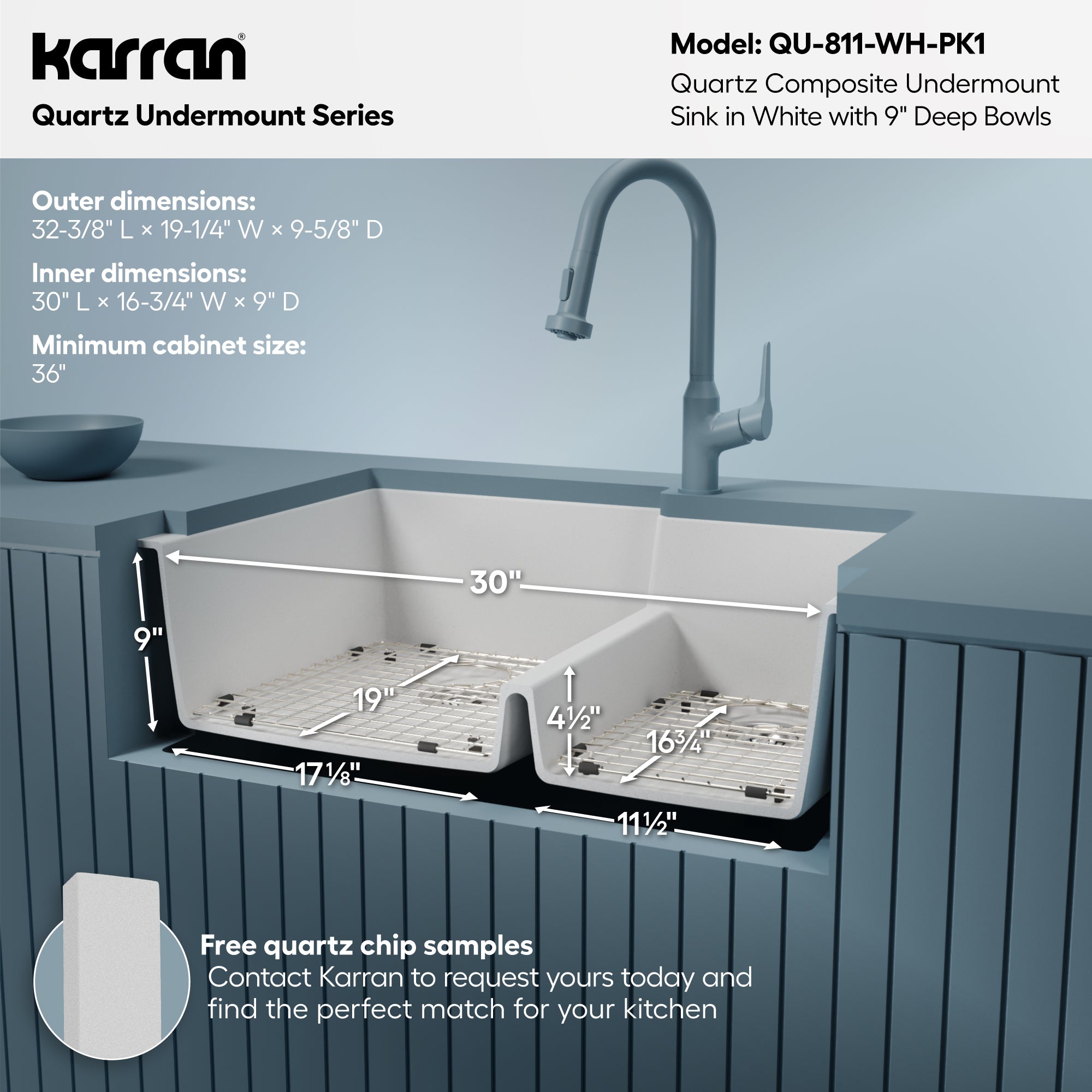 Alternative View of Karran 32" Undermount Quartz Composite Kitchen Sink with Accessories, 60/40 Double Bowl, White, QU-811-WH-PK1