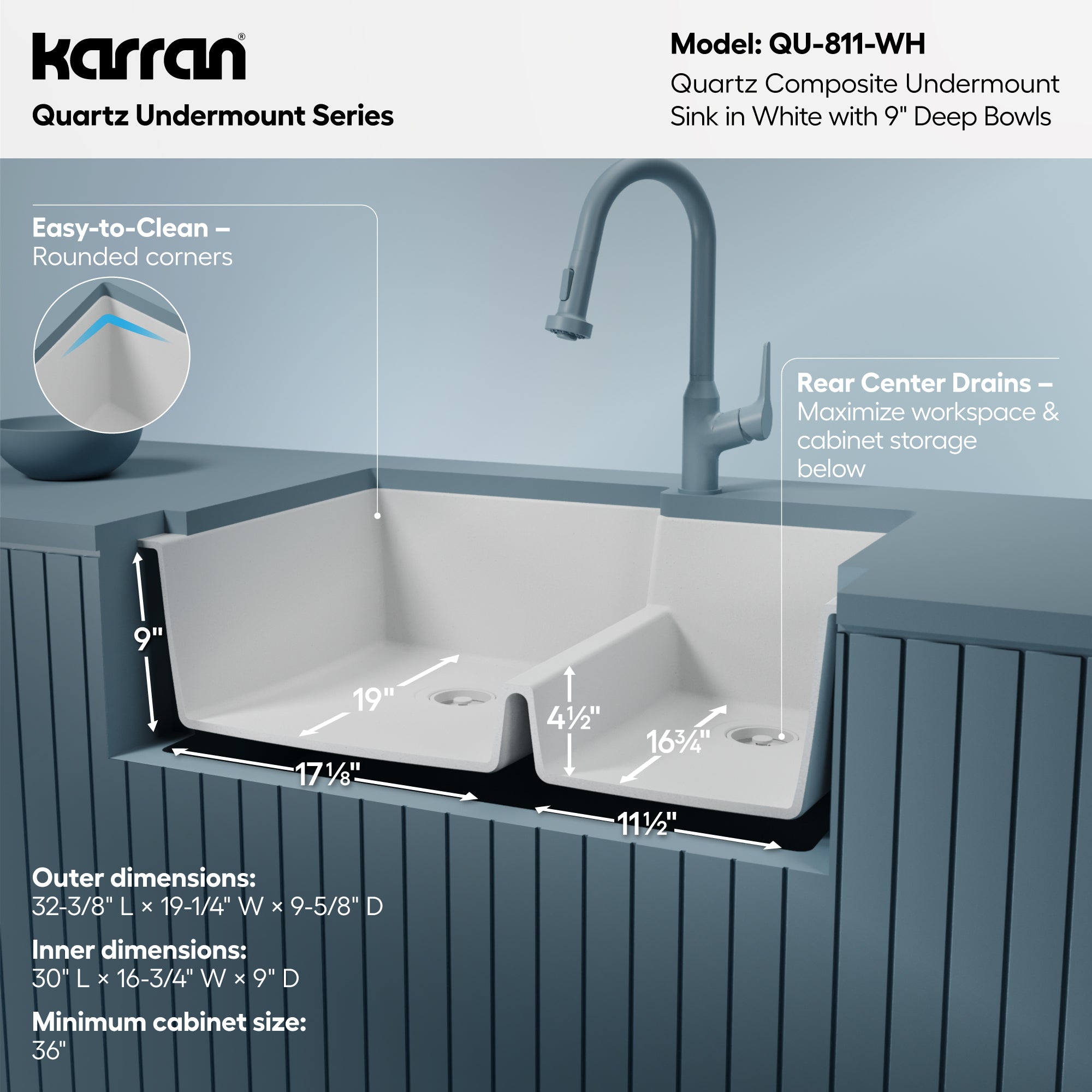 Alternative View of Karran 32" Undermount Quartz Composite Kitchen Sink, 60/40 Double Bowl, White, QU-811-WH