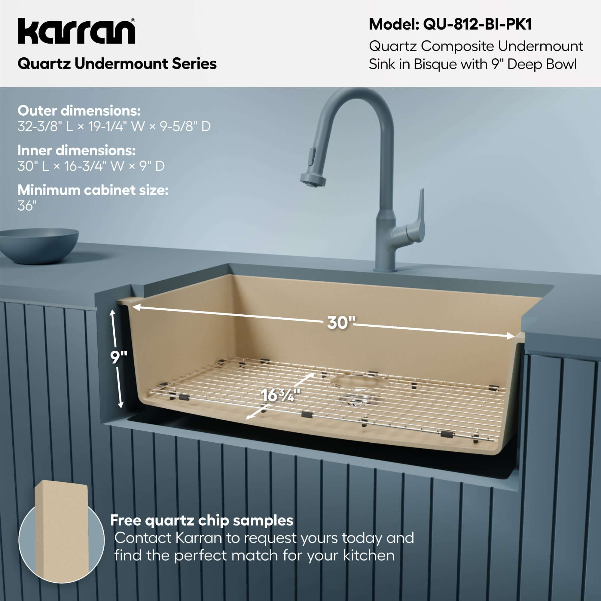 Alternative View of Karran 32" Undermount Quartz Composite Kitchen Sink with Accessories, Bisque, QU-812-BI-PK1