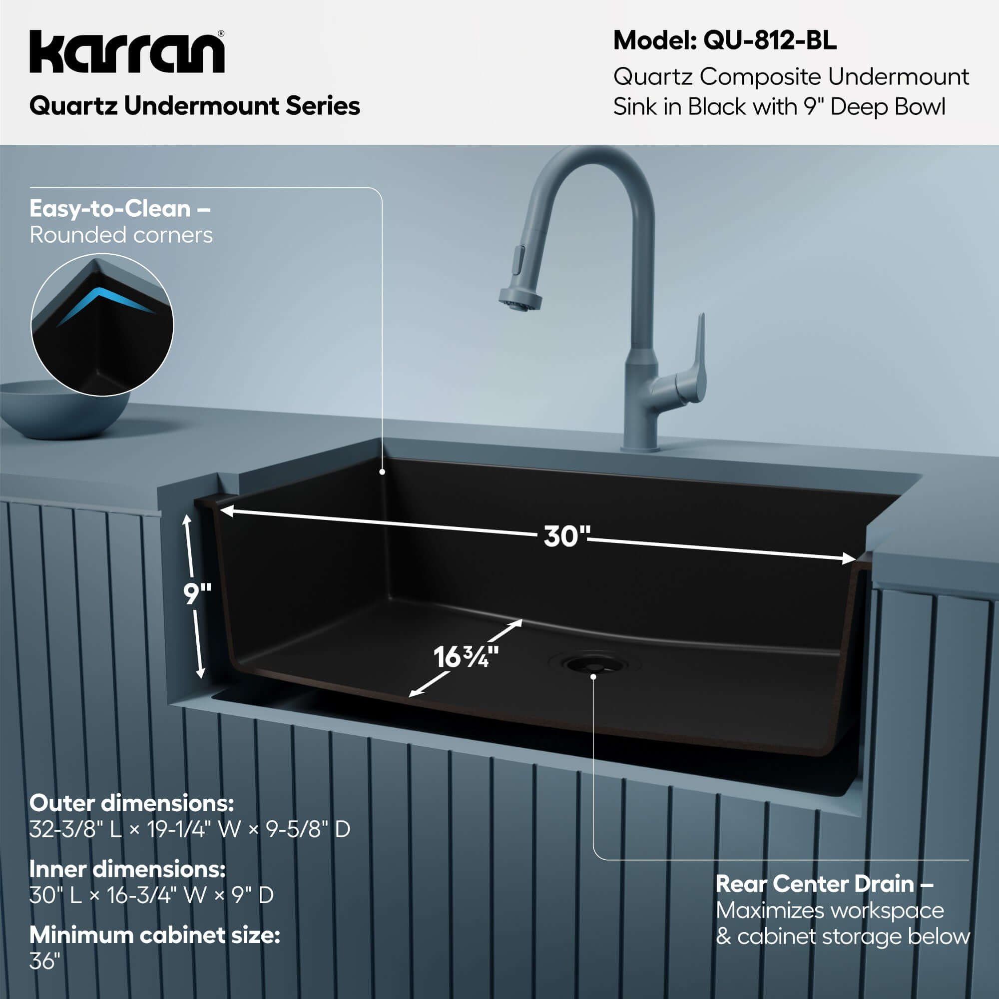 Alternative View of Karran 32" Undermount Quartz Composite Kitchen Sink, Black, QU-812-BL