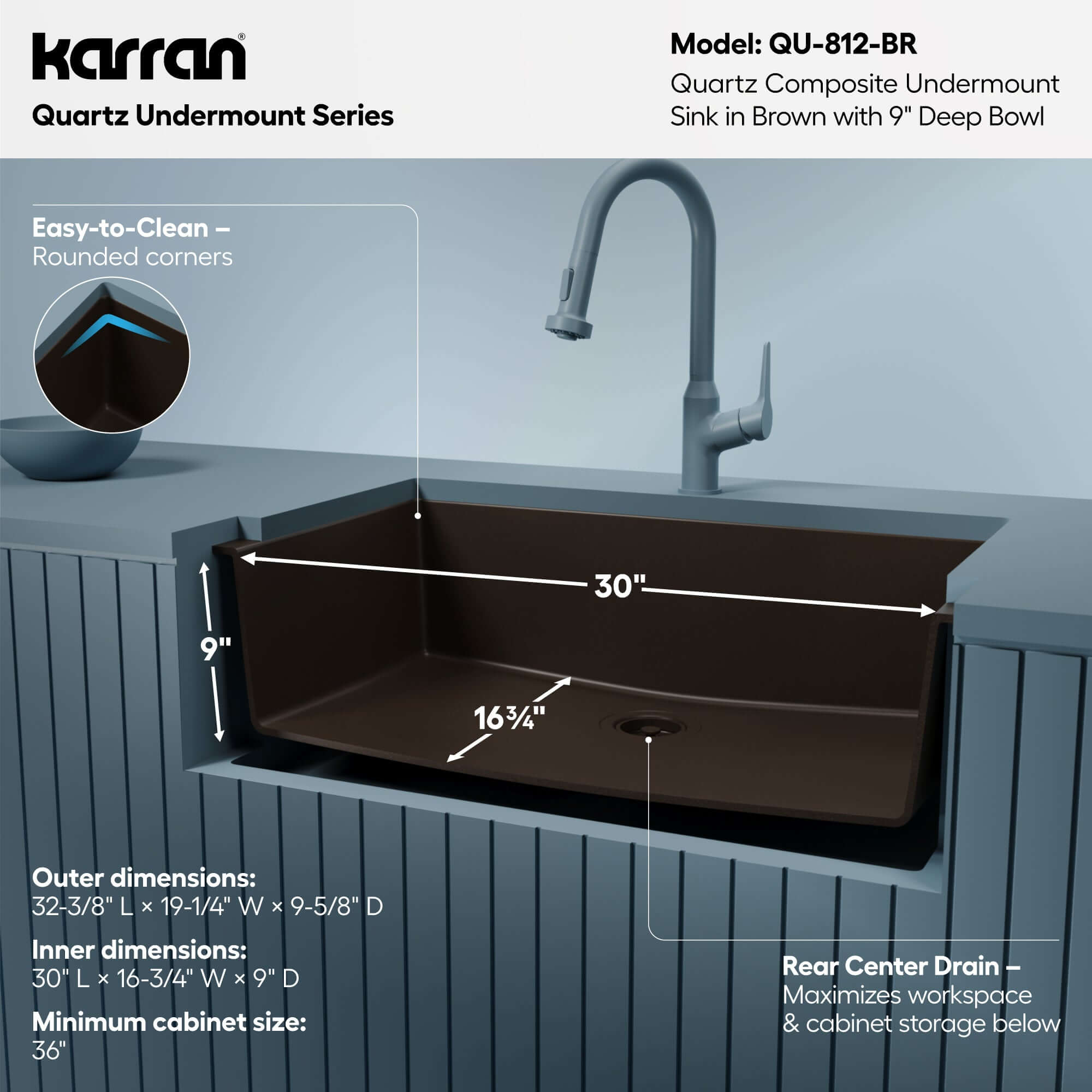 Alternative View of Karran 32" Undermount Quartz Composite Kitchen Sink, Brown, QU-812-BR