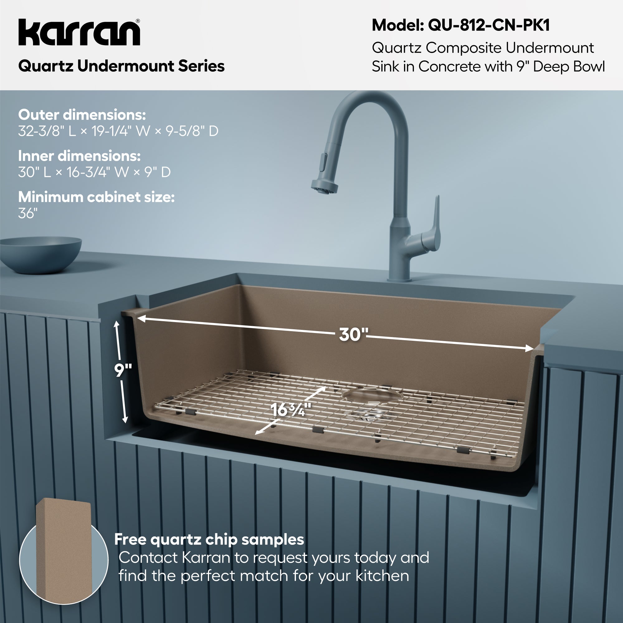Alternative View of Karran 32" Undermount Quartz Composite Kitchen Sink with Accessories, Concrete, QU-812-CN-PK1