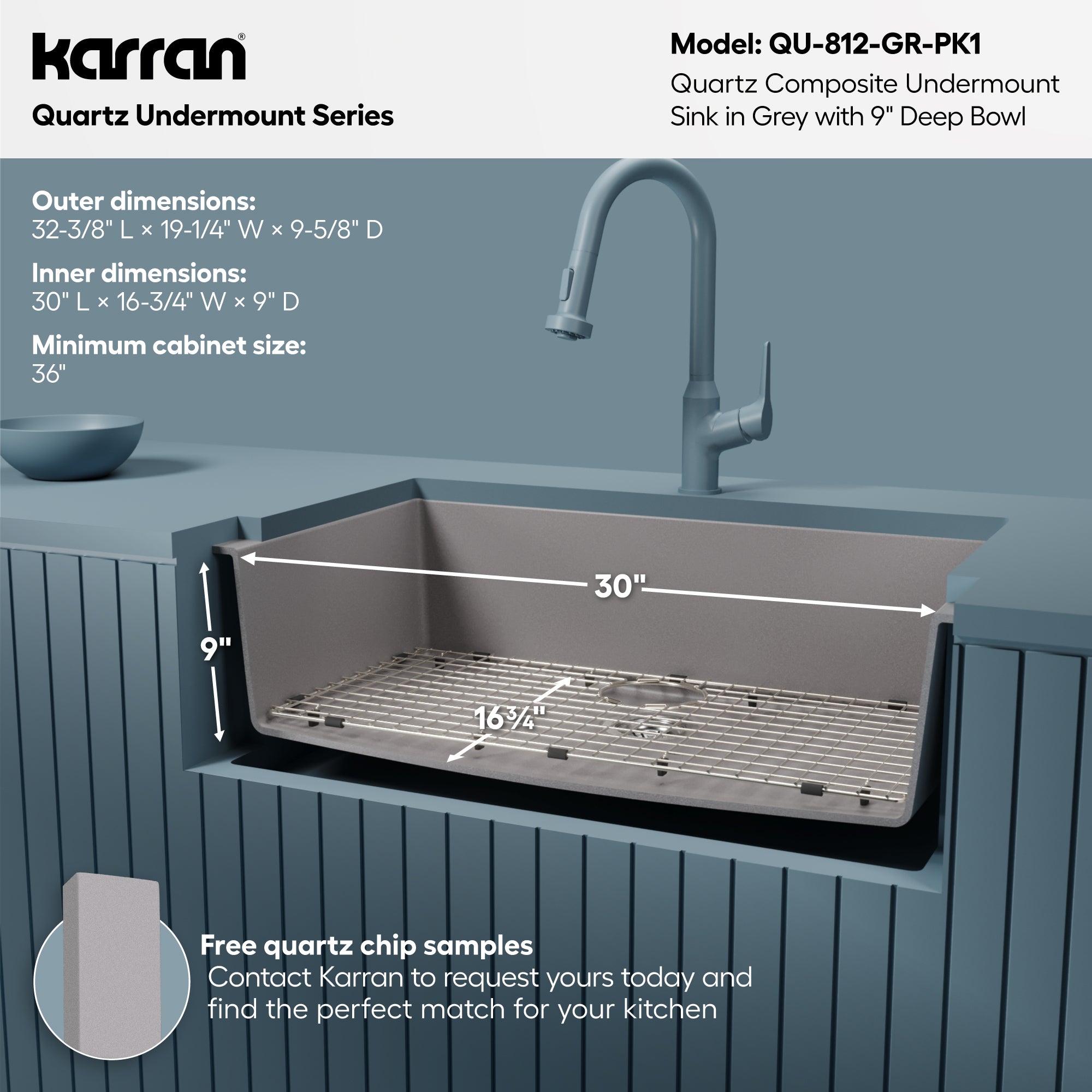 Alternative View of Karran 32" Undermount Quartz Composite Kitchen Sink with Accessories, Grey, QU-812-GR-PK1