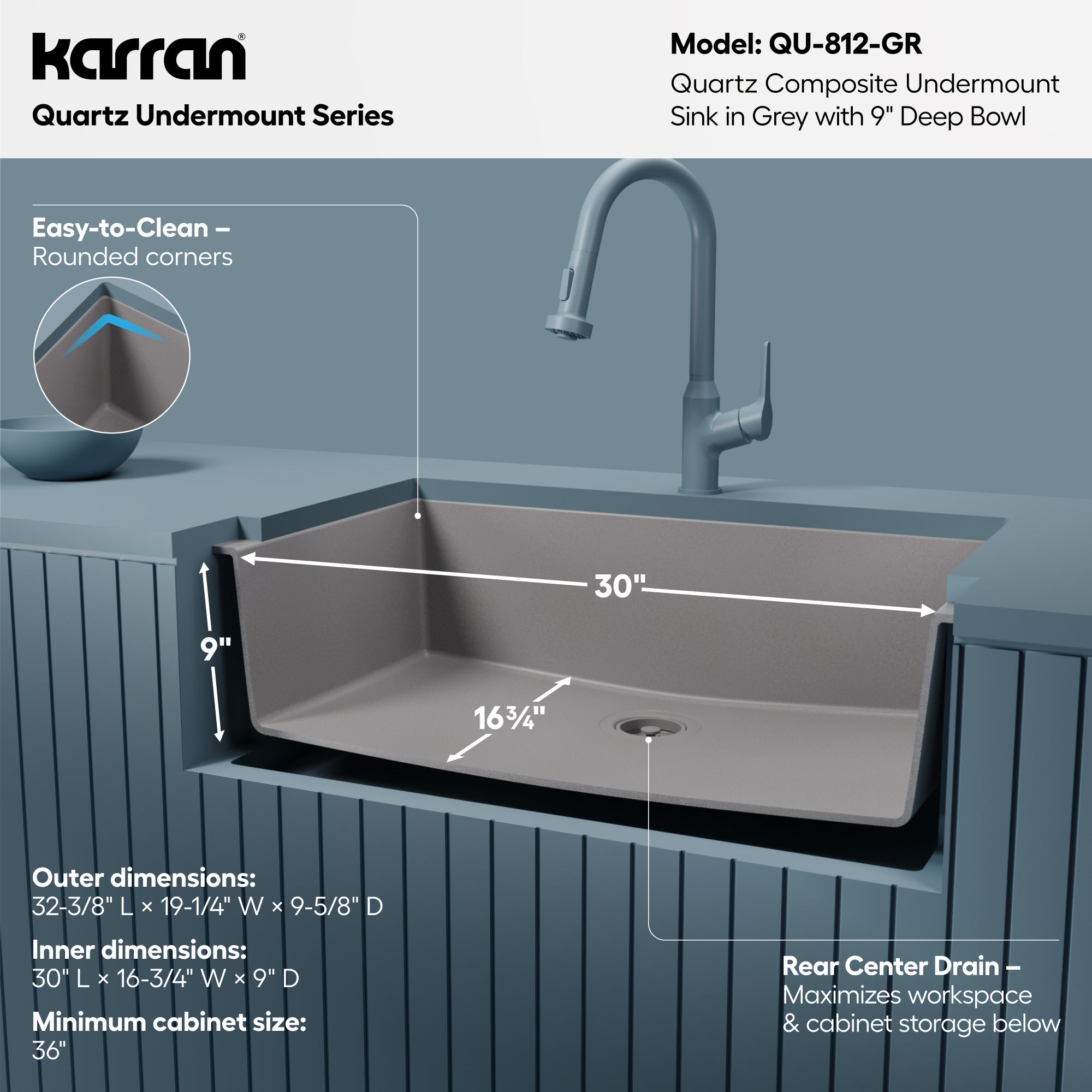 Alternative View of Karran 32" Undermount Quartz Composite Kitchen Sink, Grey, QU-812-GR