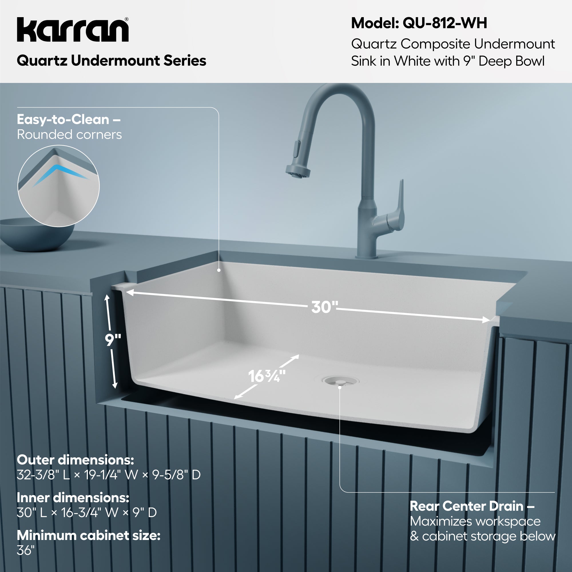 Alternative View of Karran 32" Undermount Quartz Composite Kitchen Sink, White, QU-812-WH