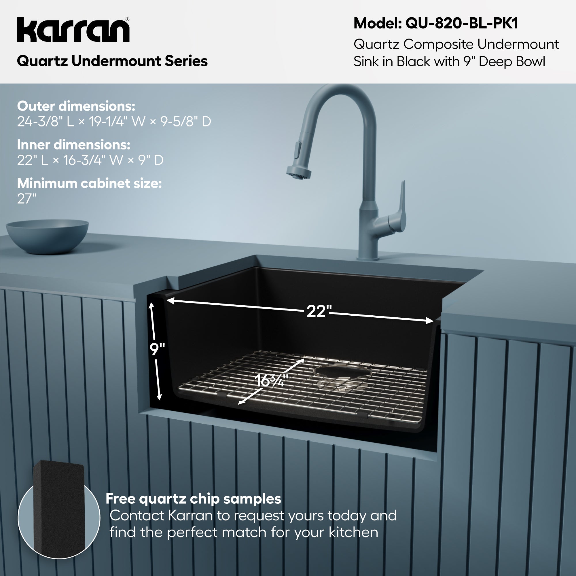 Alternative View of Karran 24" Undermount Quartz Composite Kitchen Sink with Accessories, Black, QU-820-BL-PK1