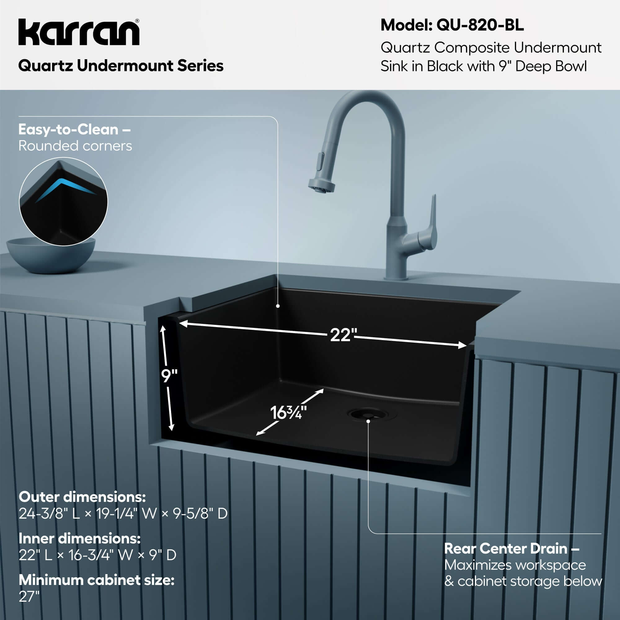 Alternative View of Karran 24" Undermount Quartz Composite Kitchen Sink, Black, QU-820-BL