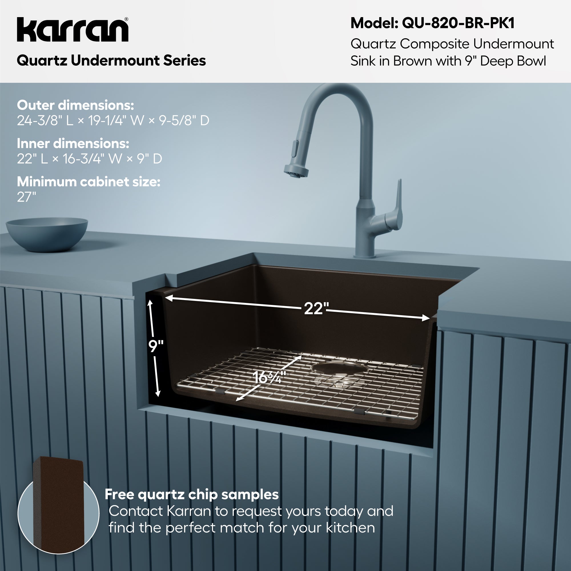 Alternative View of Karran 24" Undermount Quartz Composite Kitchen Sink with Accessories, Brown, QU-820-BR-PK1