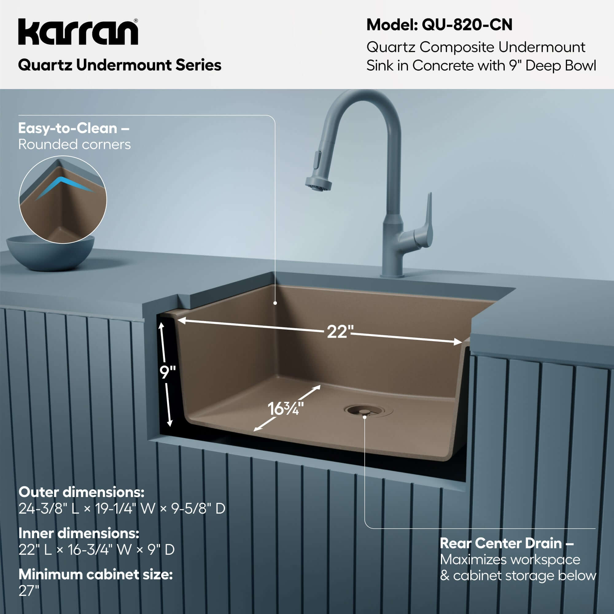 Alternative View of Karran 24" Undermount Quartz Composite Kitchen Sink, Concrete, QU-820-CN
