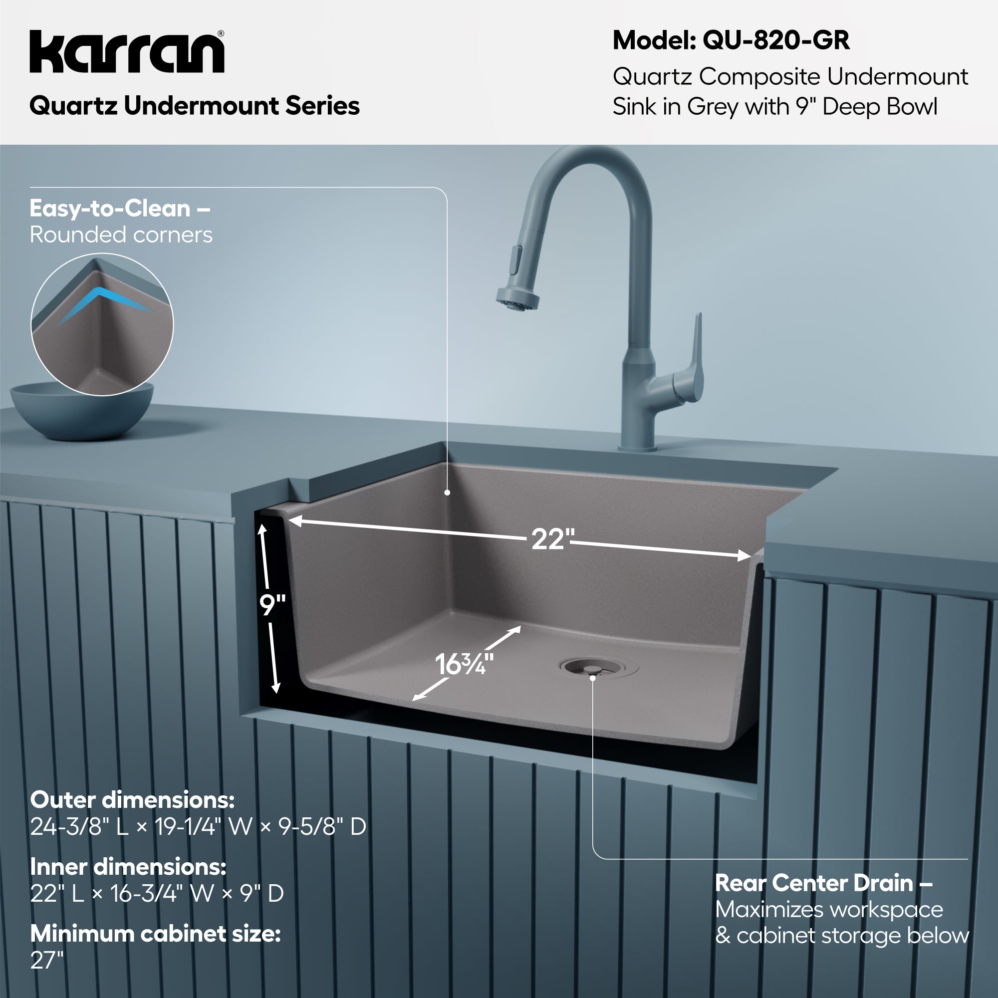 Alternative View of Karran 24" Undermount Quartz Composite Kitchen Sink, Grey, QU-820-GR