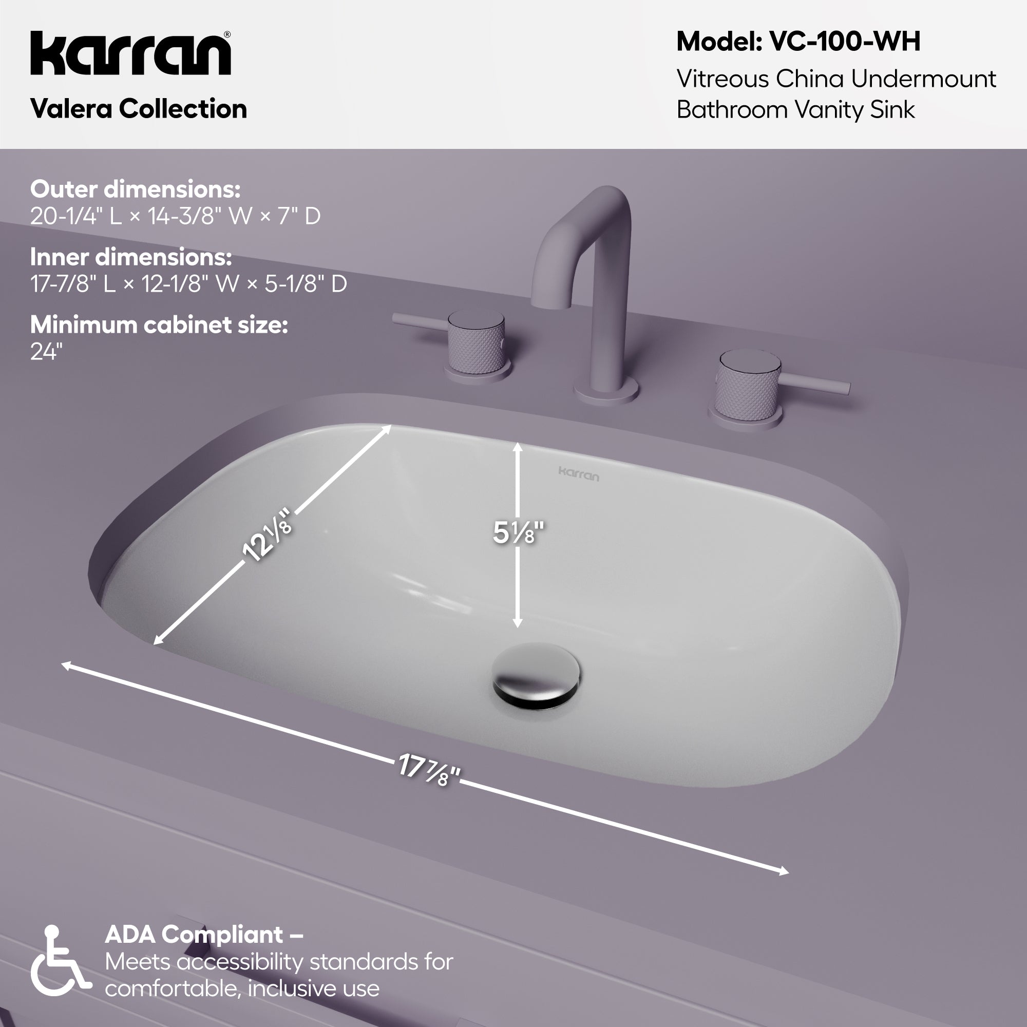 Karran Valera 14.375" x 20.25" Oval Undermount Vitreous China ADA Bathroom Sink, White, VC-100-WH