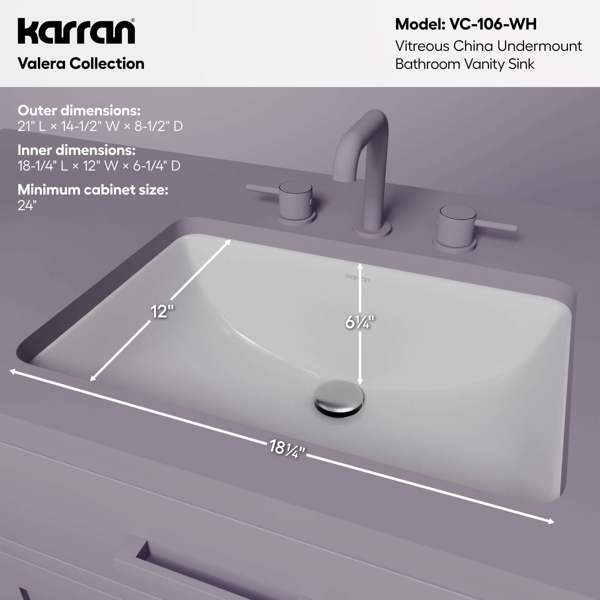 Karran 21 rectangular bathroom sink white informational image