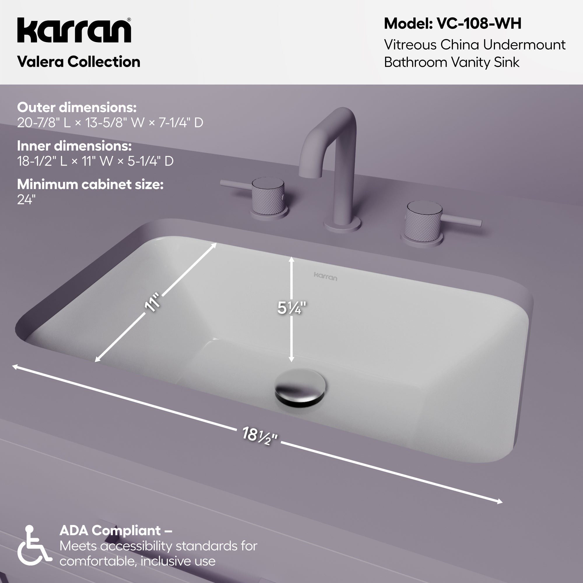 Karran 21 rectangular bathroom sink white informational image