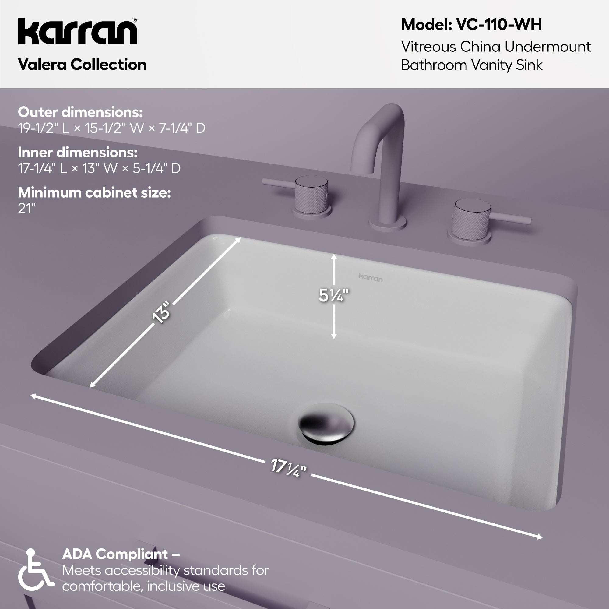 Karran 20 rectangular bathroom sink white informational image