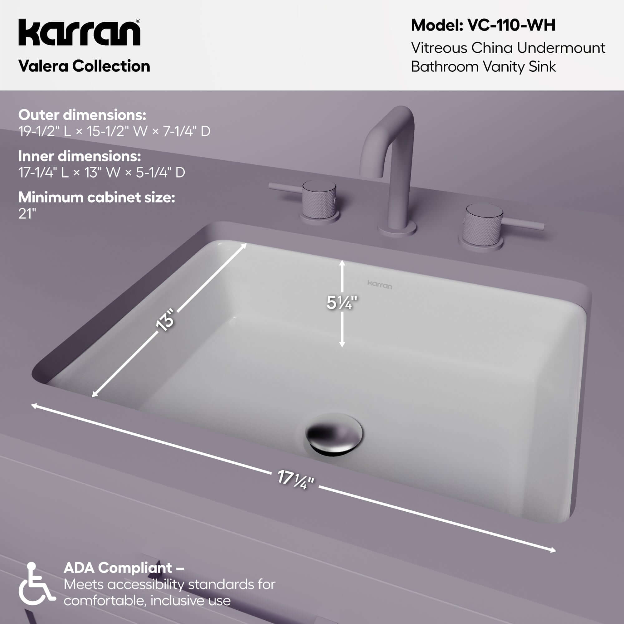 Karran 20 rectangular bathroom sink white informational image
