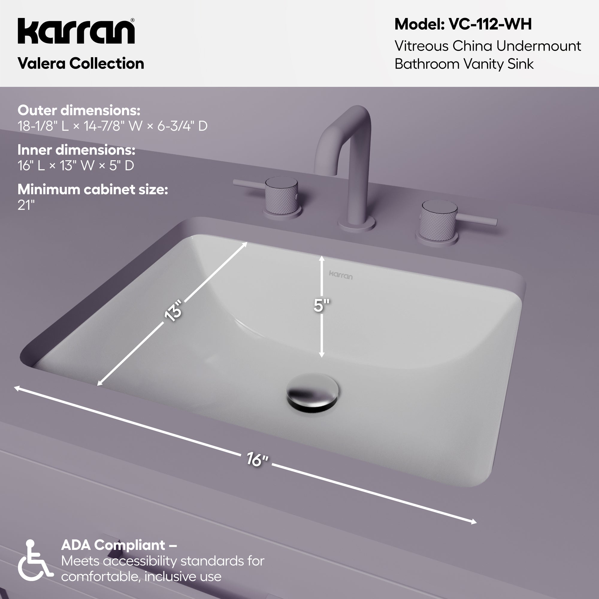 Karran Valera 14.875" x 18.125" Rectangular Undermount Vitreous China ADA Bathroom Sink, White, VC-112-WH