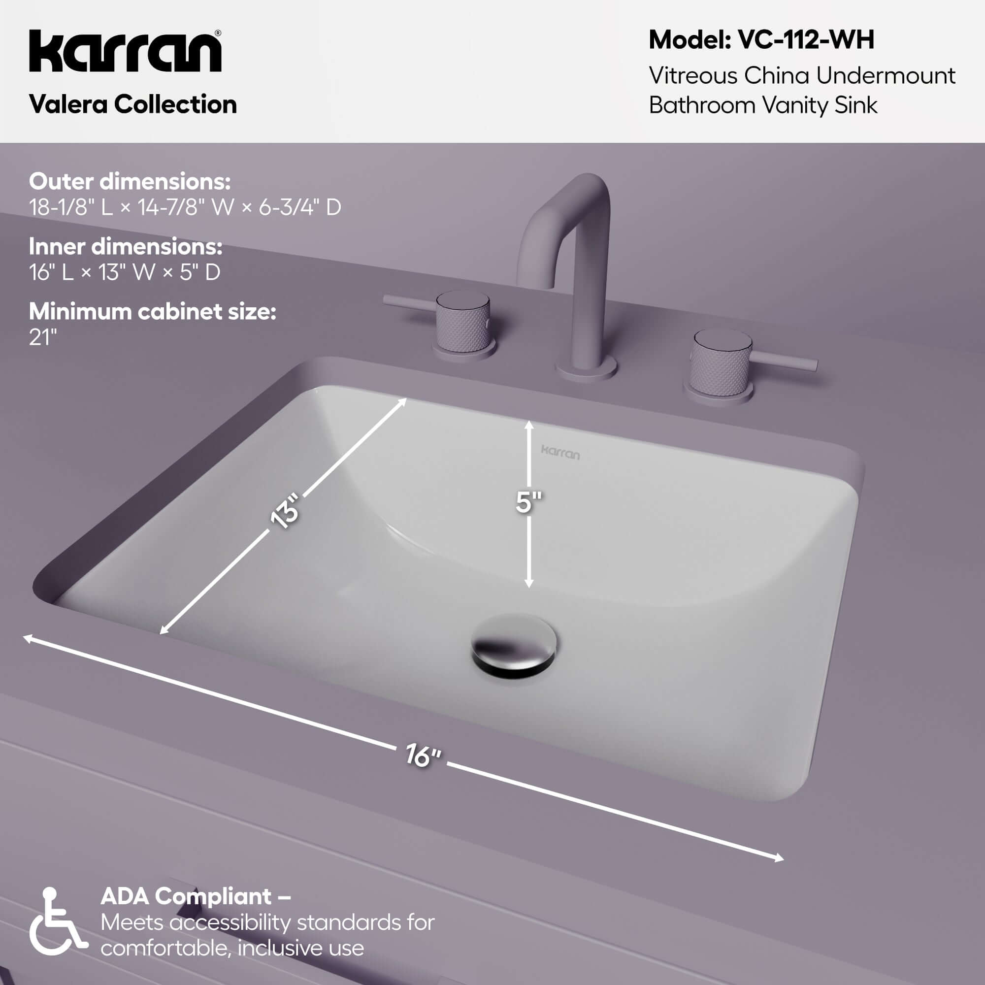 Karran Valera 14.875" x 18.125" Rectangular Undermount Vitreous China ADA Bathroom Sink, White, VC-112-WH