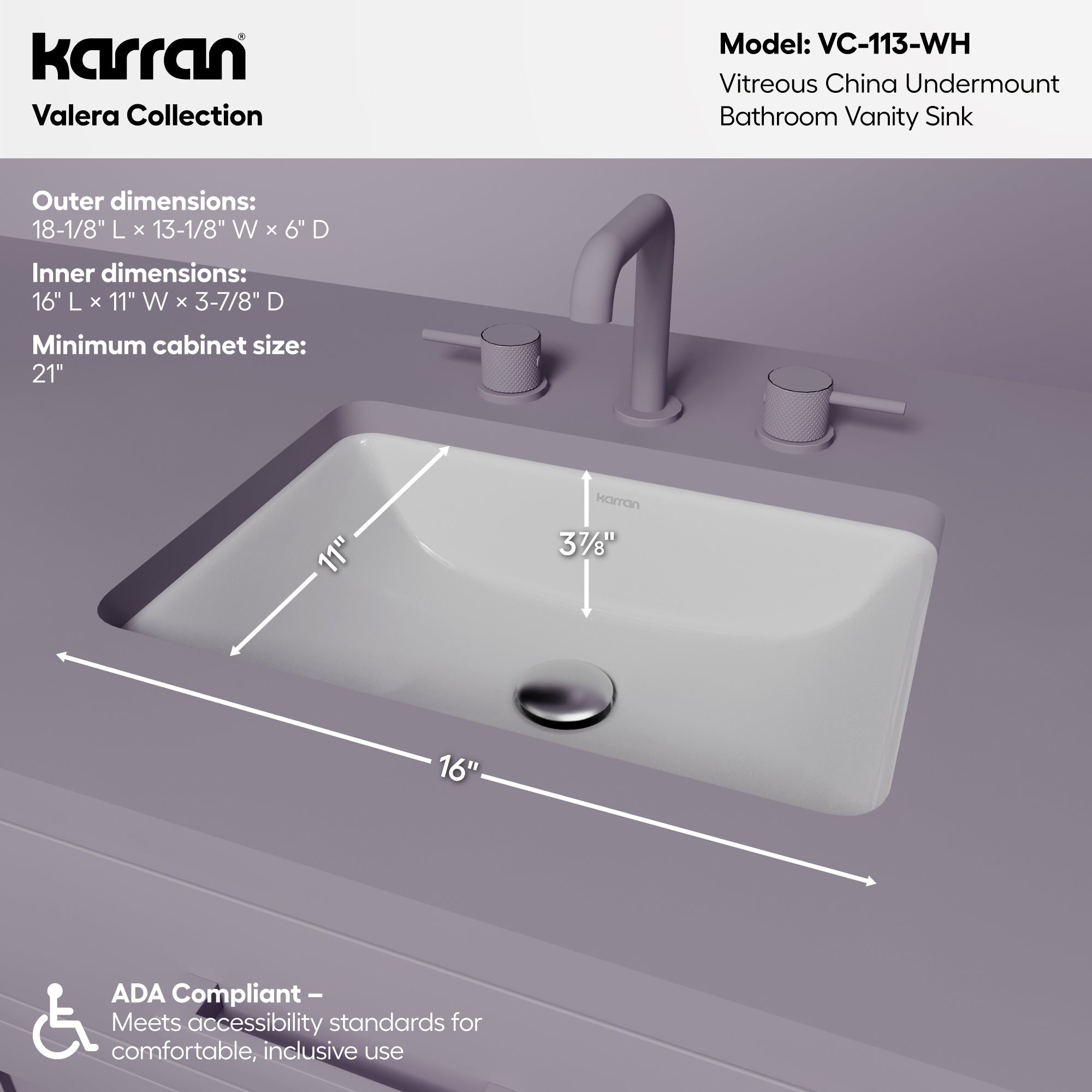 Karran Valera 13.125" x 18.125" Rectangular Undermount Vitreous China ADA Bathroom Sink, White, VC-113-WH