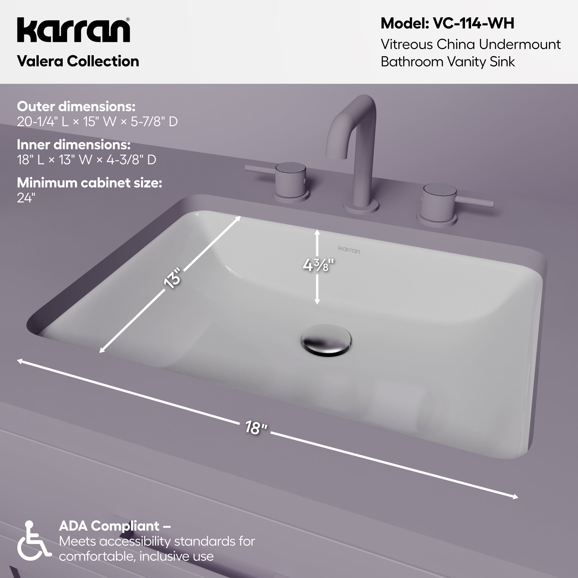 Karran Valera 15" x 20.25" Rectangular Undermount Vitreous China ADA Bathroom Sink, White, VC-114-WH