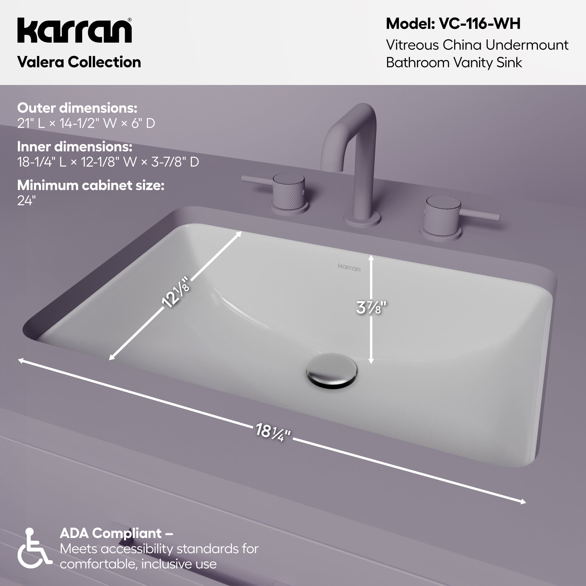 Karran Valera 14.5" x 21" Rectangular Undermount Vitreous China ADA Bathroom Sink, White, VC-116-WH
