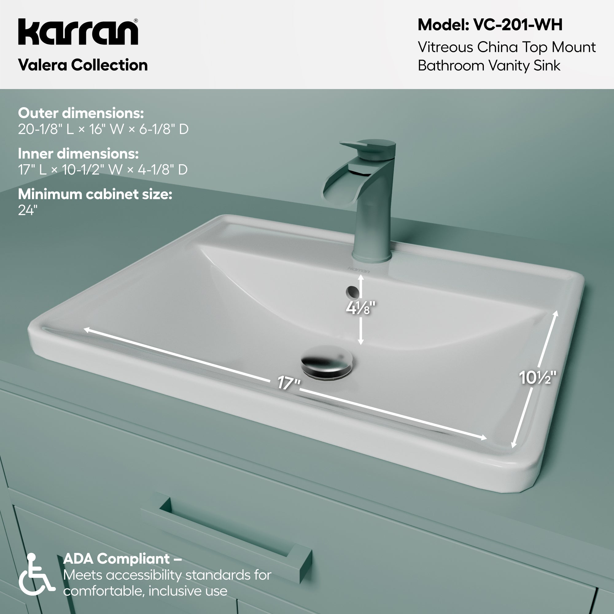 Alternative View of Karran Valera 20.375" x 16.125" x 4.5" Rectangular Vessel Vitreous China ADA Bathroom Sink, White, VC-201-WH