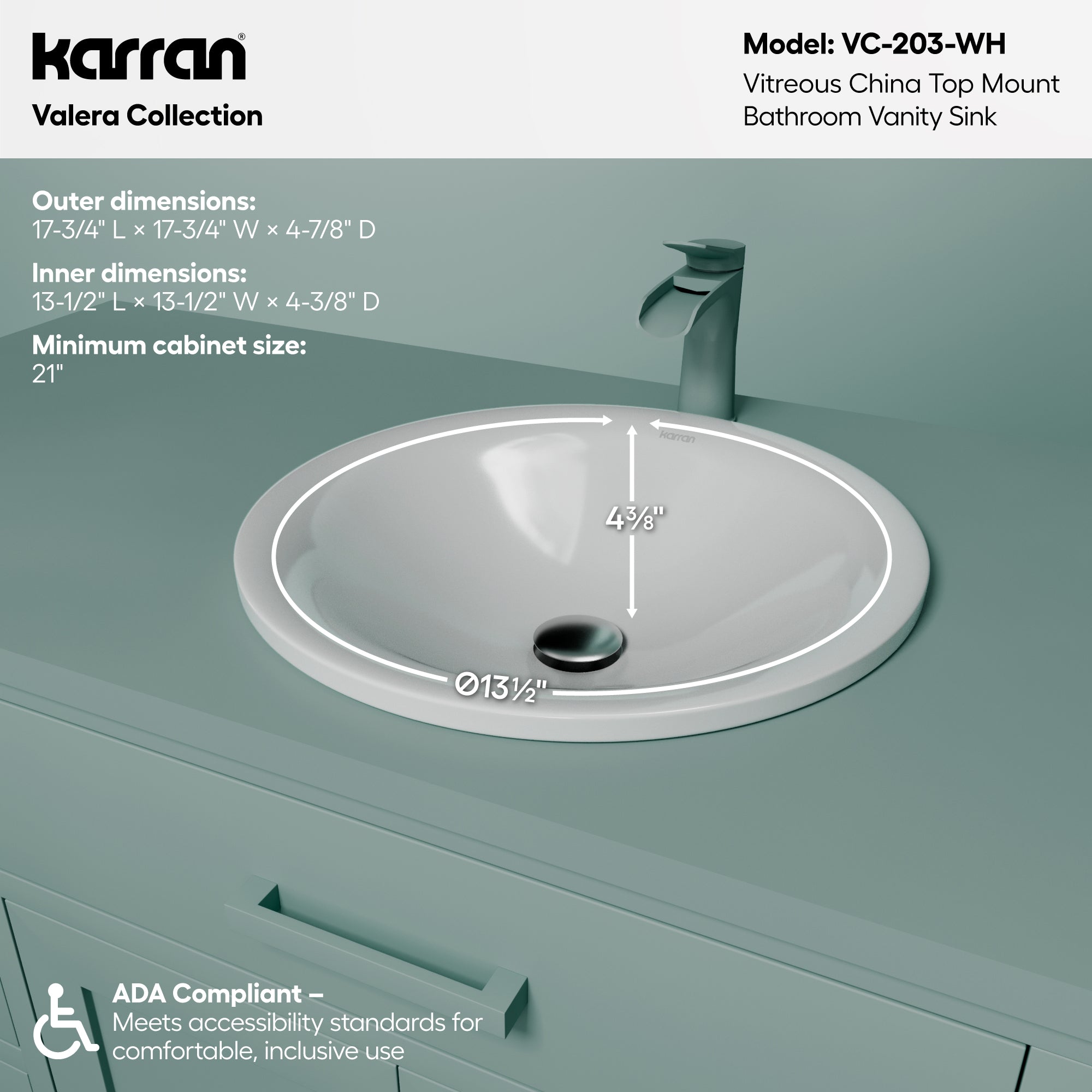 Alternative View of Karran Valera 17.75" x 17.75" x 3.5" Round Vessel Vitreous China ADA Bathroom Sink, White, VC-203-WH
