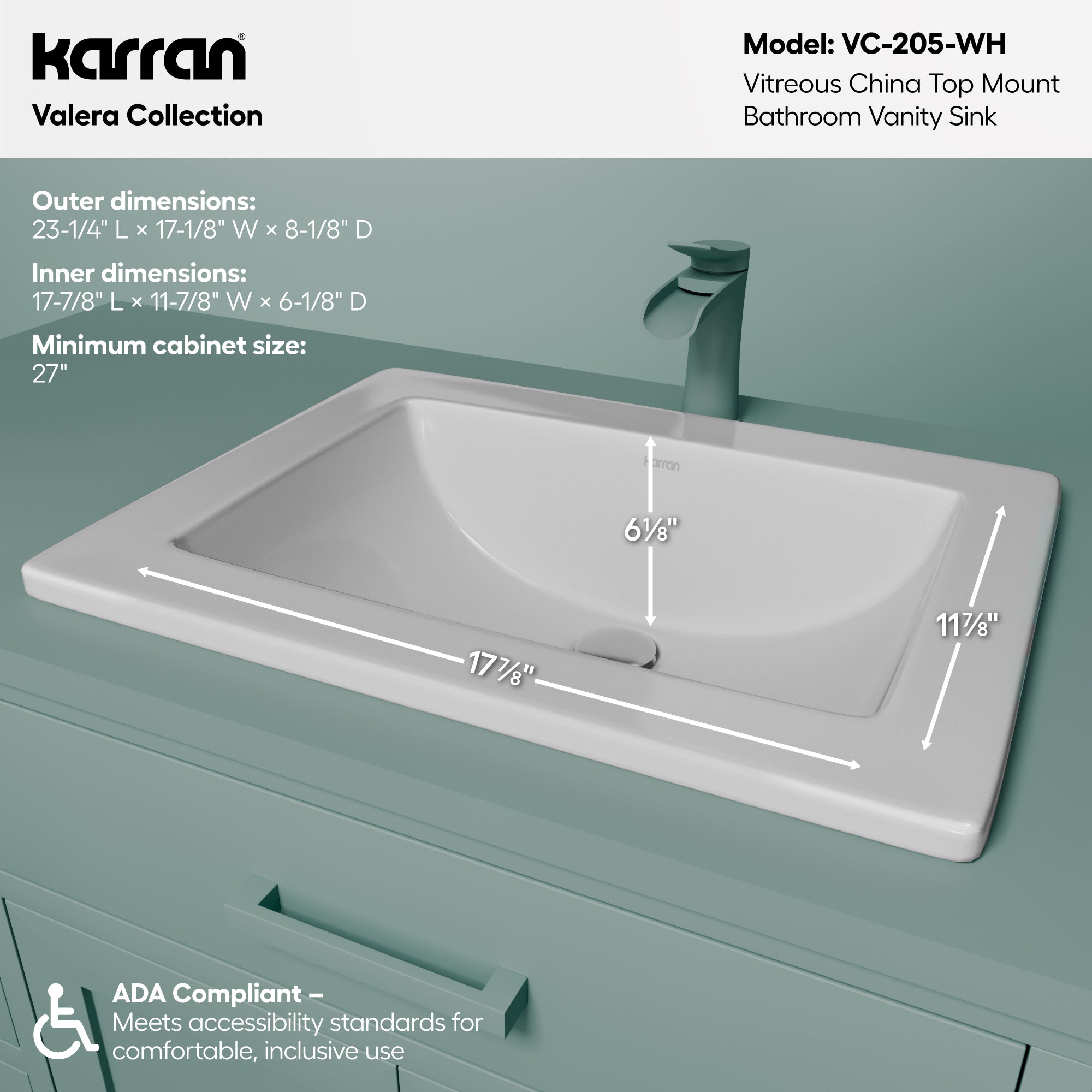 Karran Valera 17.125" x 23.25" Rectangular Drop In/Topmount Vitreous China ADA Bathroom Sink, White, VC-205-WH