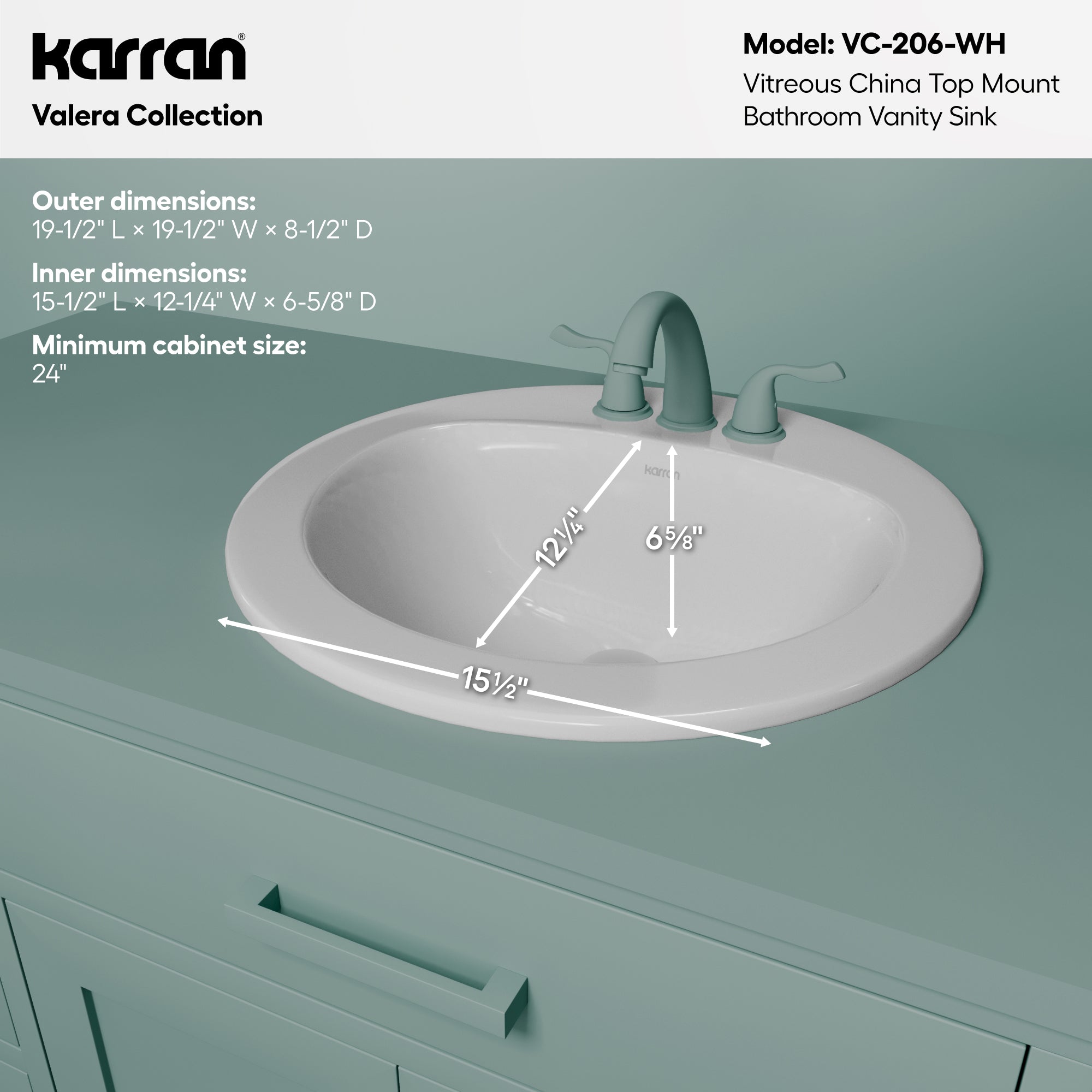 Karran Valera 19.5" x 19.5" Round Drop In/Topmount Vitreous China Bathroom Sink, White, VC-206-WH