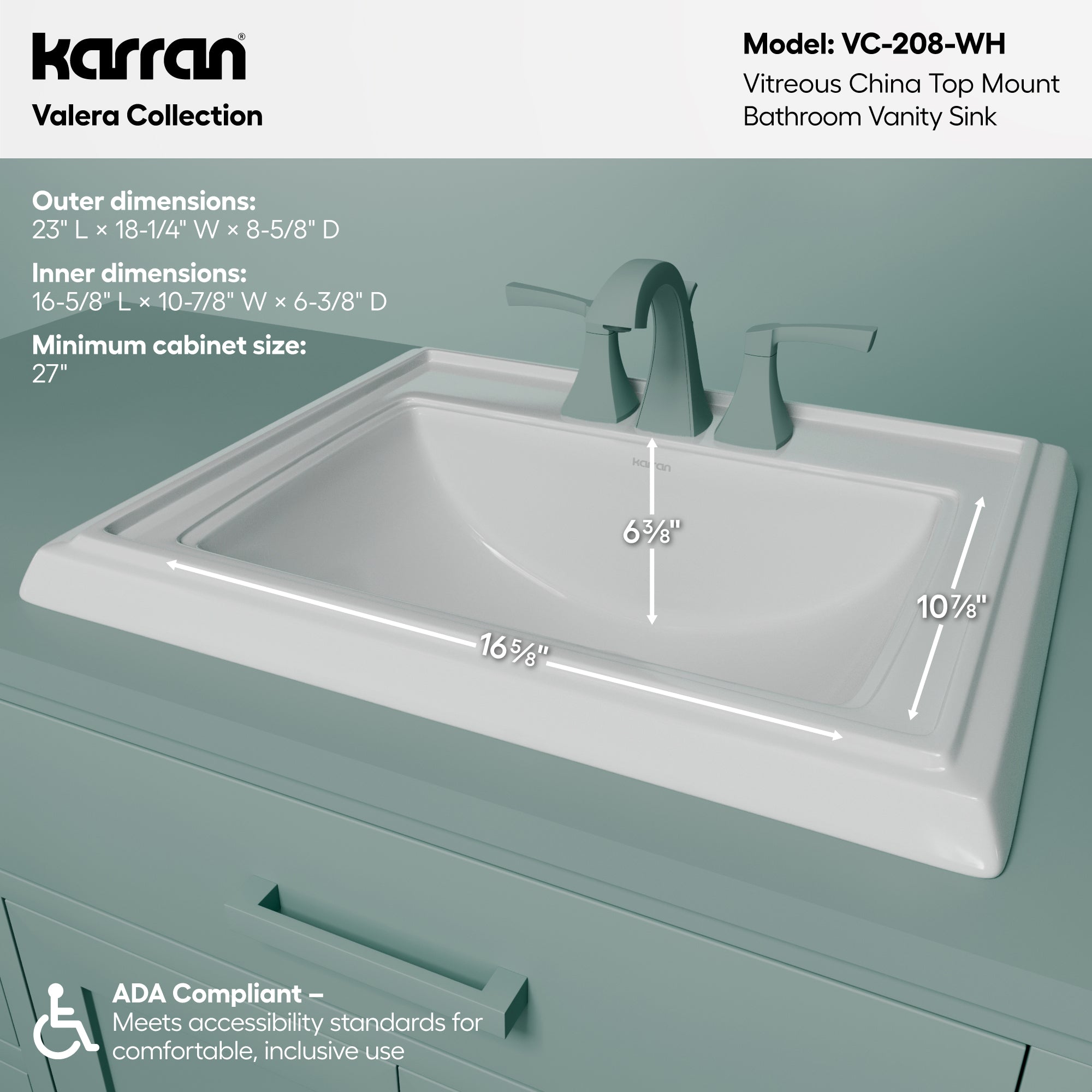 Karran Valera 18.25" x 23" Rectangular Drop In/Topmount Vitreous China ADA Bathroom Sink, White, VC-208-WH
