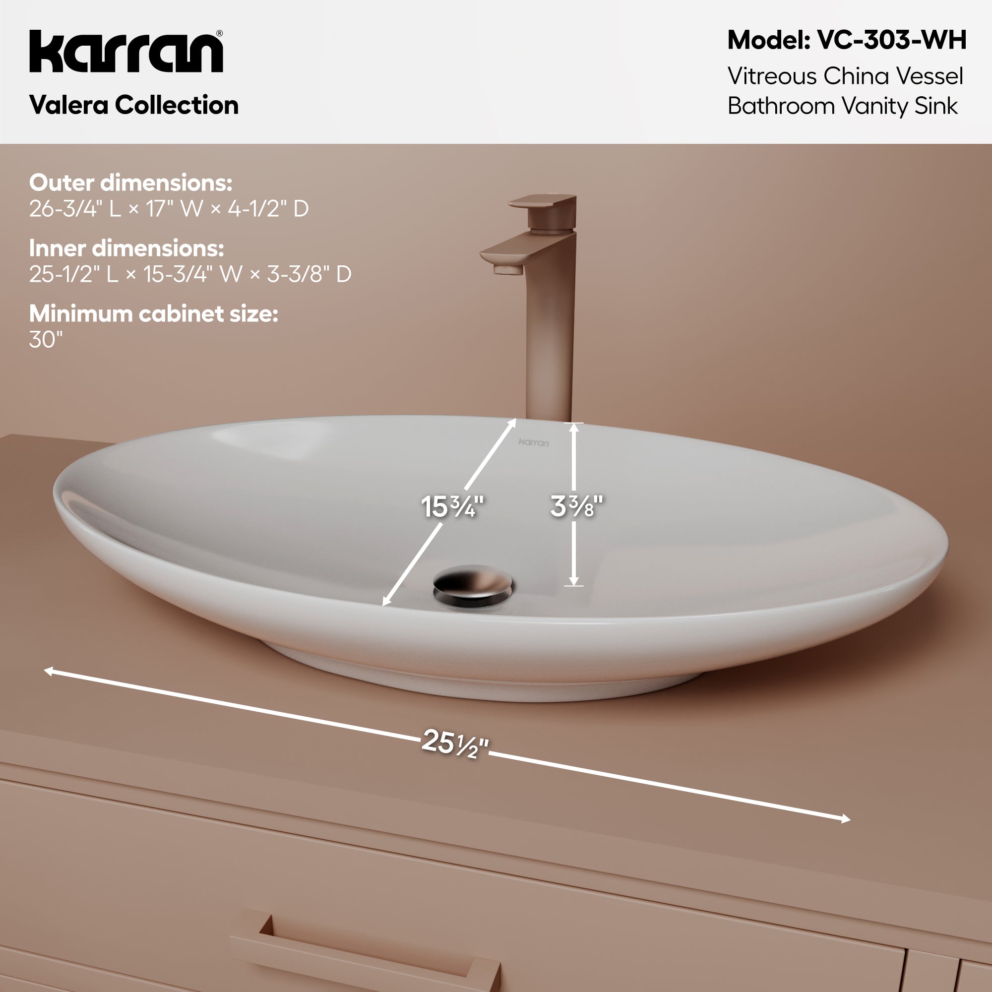 Alternative View of Karran Valera 27" x 163/4" x 31/4" Oval Vessel Vitreous China ADA Bathroom Sink, White, VC-303-WH
