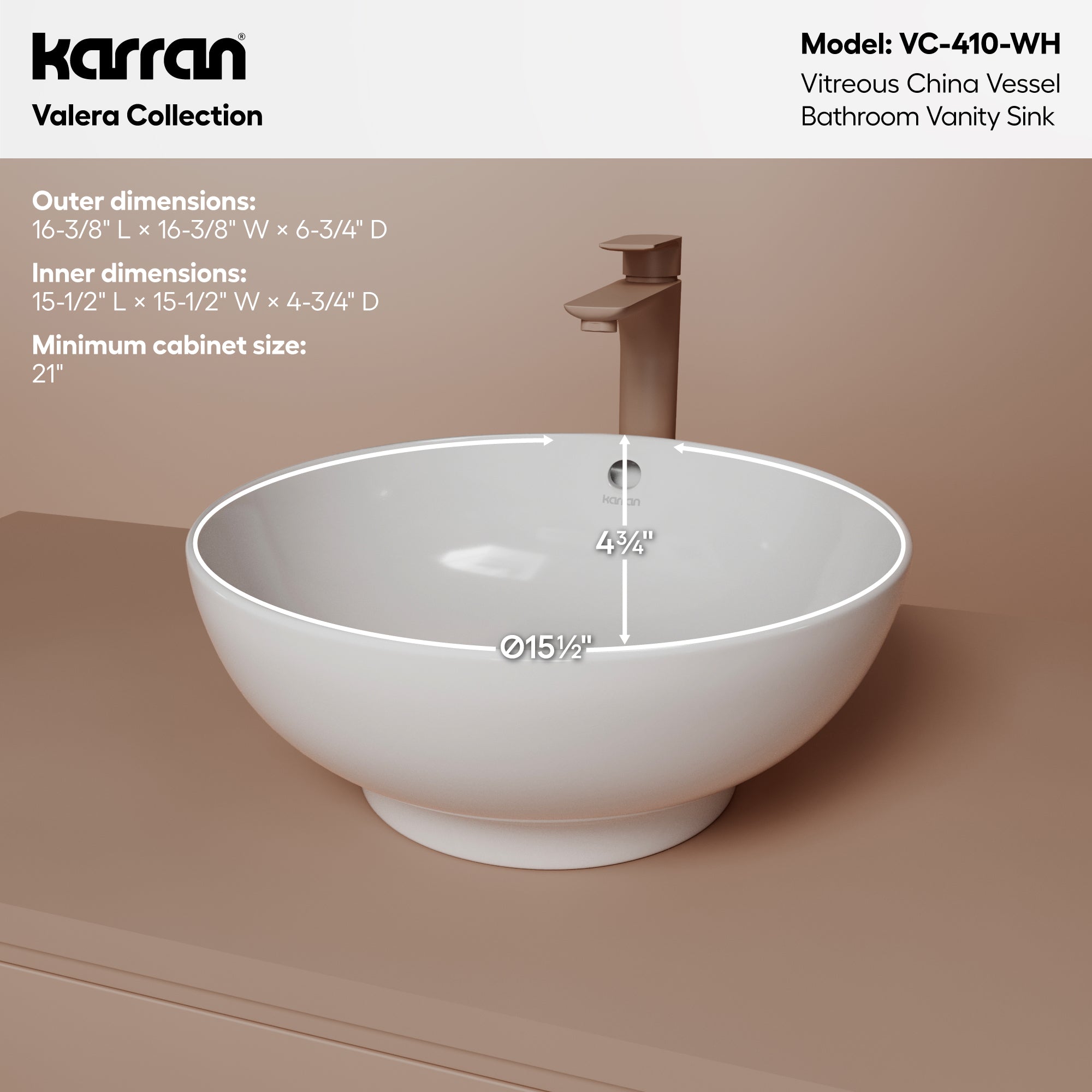 Alternative View of Karran Valera 16.625" x 16.625" x 5" Round Vessel Vitreous China ADA Bathroom Sink, White, VC-410-WH