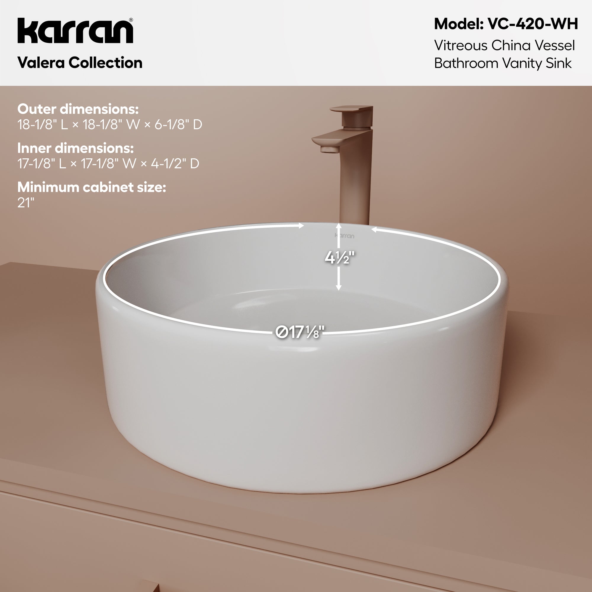Alternative View of Karran Valera 18" x 18" x 4.5" Round Vessel Vitreous China ADA Bathroom Sink, White, VC-420-WH