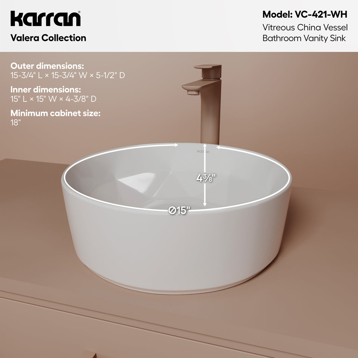 Alternative View of Karran Valera 16" x 16" x 4.5" Round Vessel Vitreous China ADA Bathroom Sink, White, VC-421-WH