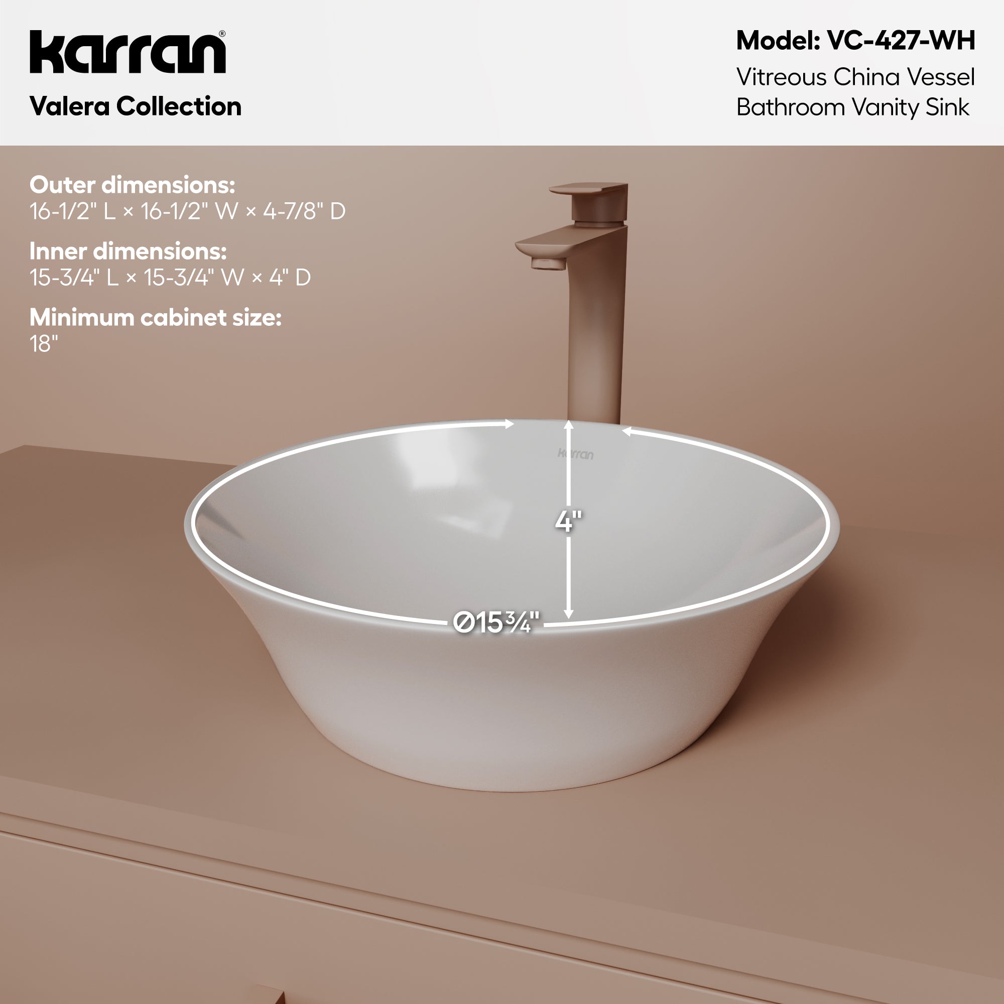 Alternative View of Karran Valera 16.5" x 16.5" x 4" Round Vessel Vitreous China ADA Bathroom Sink, White, VC-427-WH