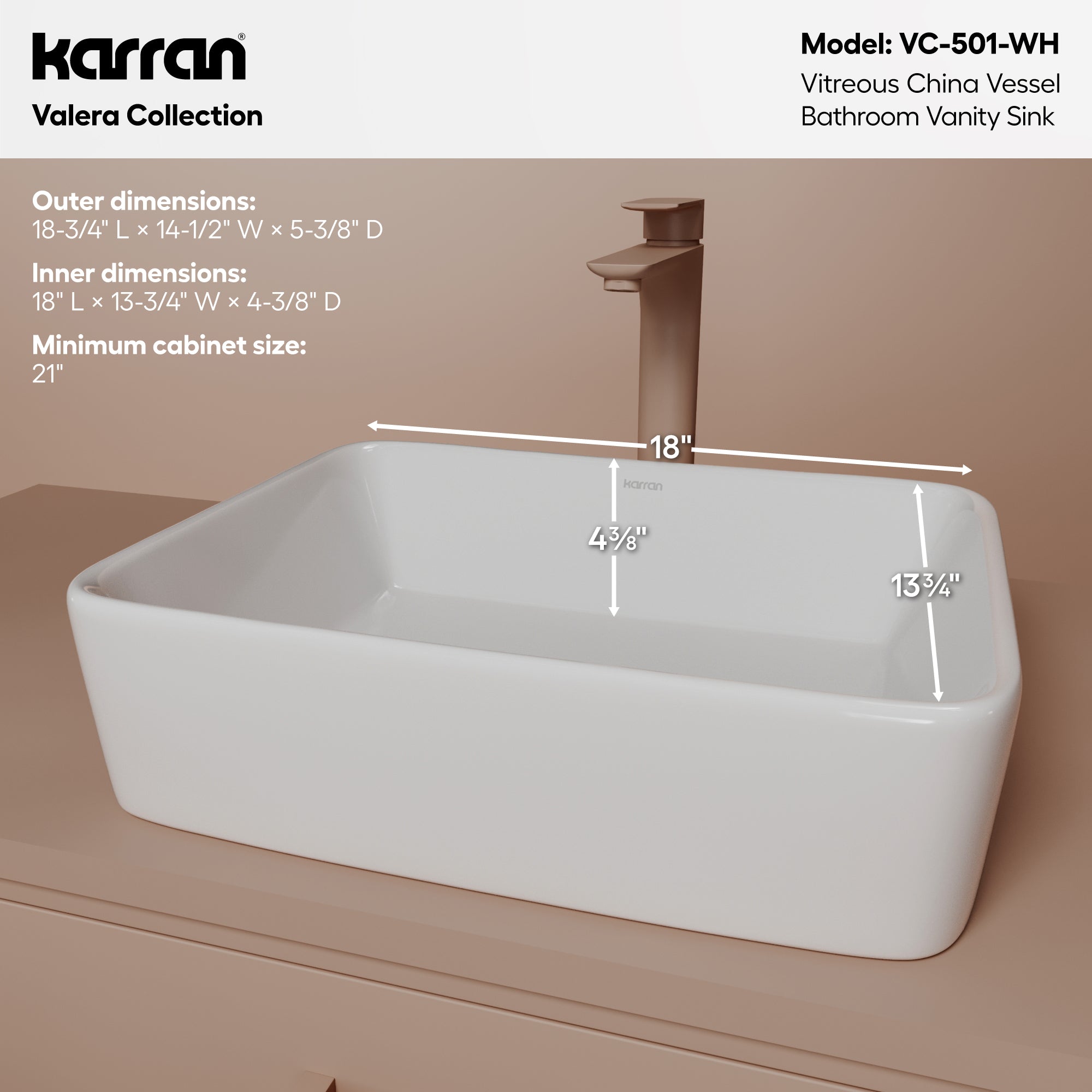 Alternative View of Karran Valera 18.75" x 14.5" x 4.25" Rectangular Vessel Vitreous China ADA Bathroom Sink, White, VC-501-WH