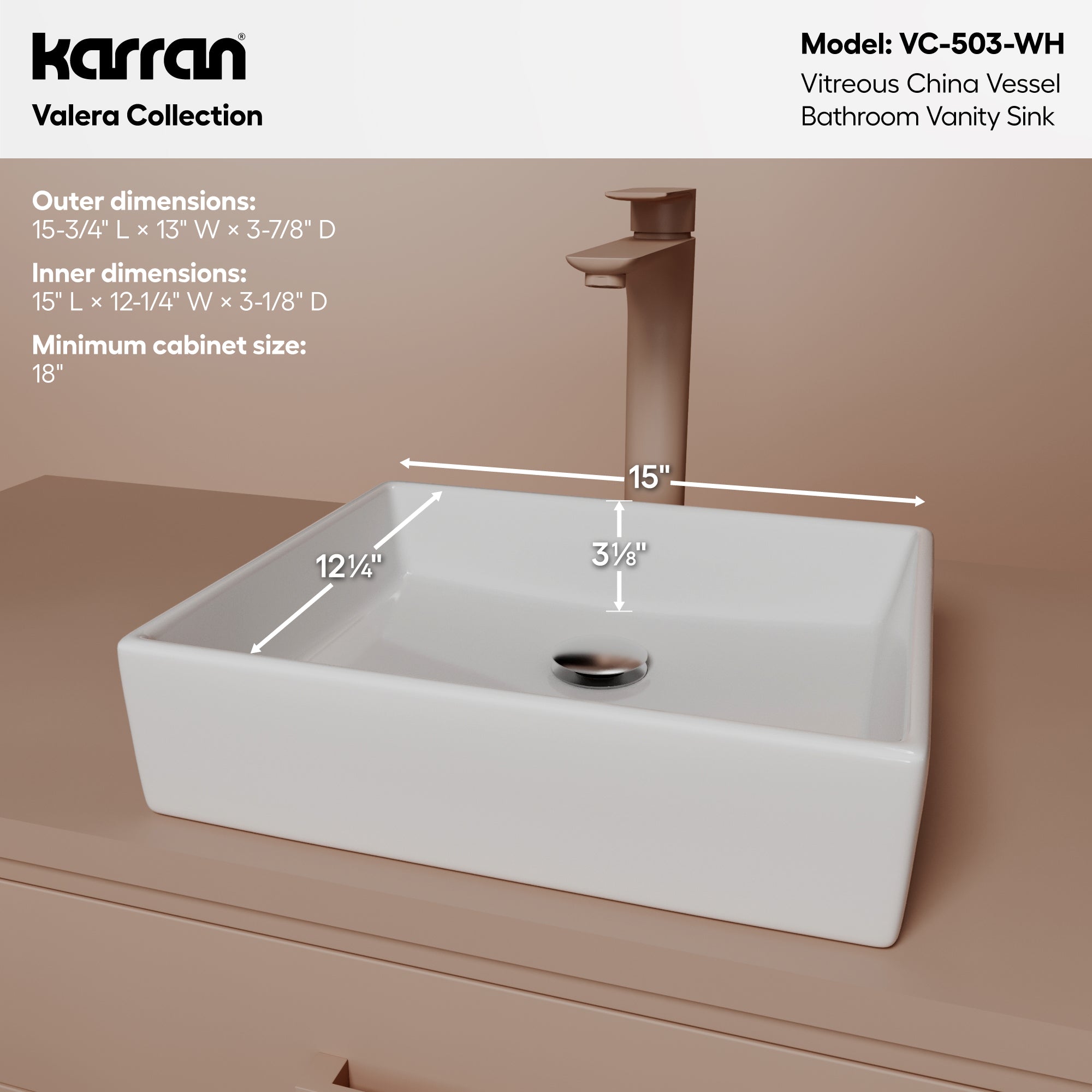 Alternative View of Karran Valera 15.5" x 13" x 3.25" Rectangular Vessel Vitreous China ADA Bathroom Sink, White, VC-503-WH