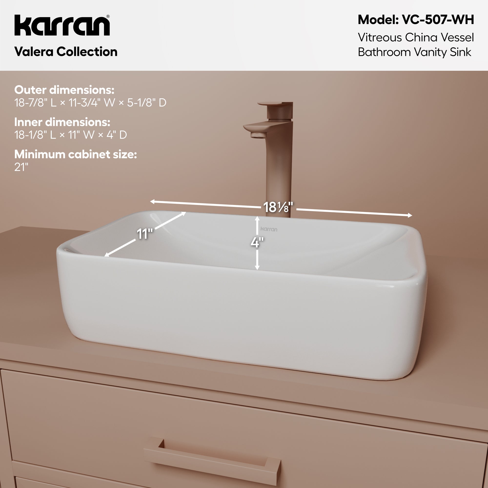 Alternative View of Karran Valera 19" x 11.5" x 3.75" Rectangular Vessel Vitreous China ADA Bathroom Sink, White, VC-507-WH