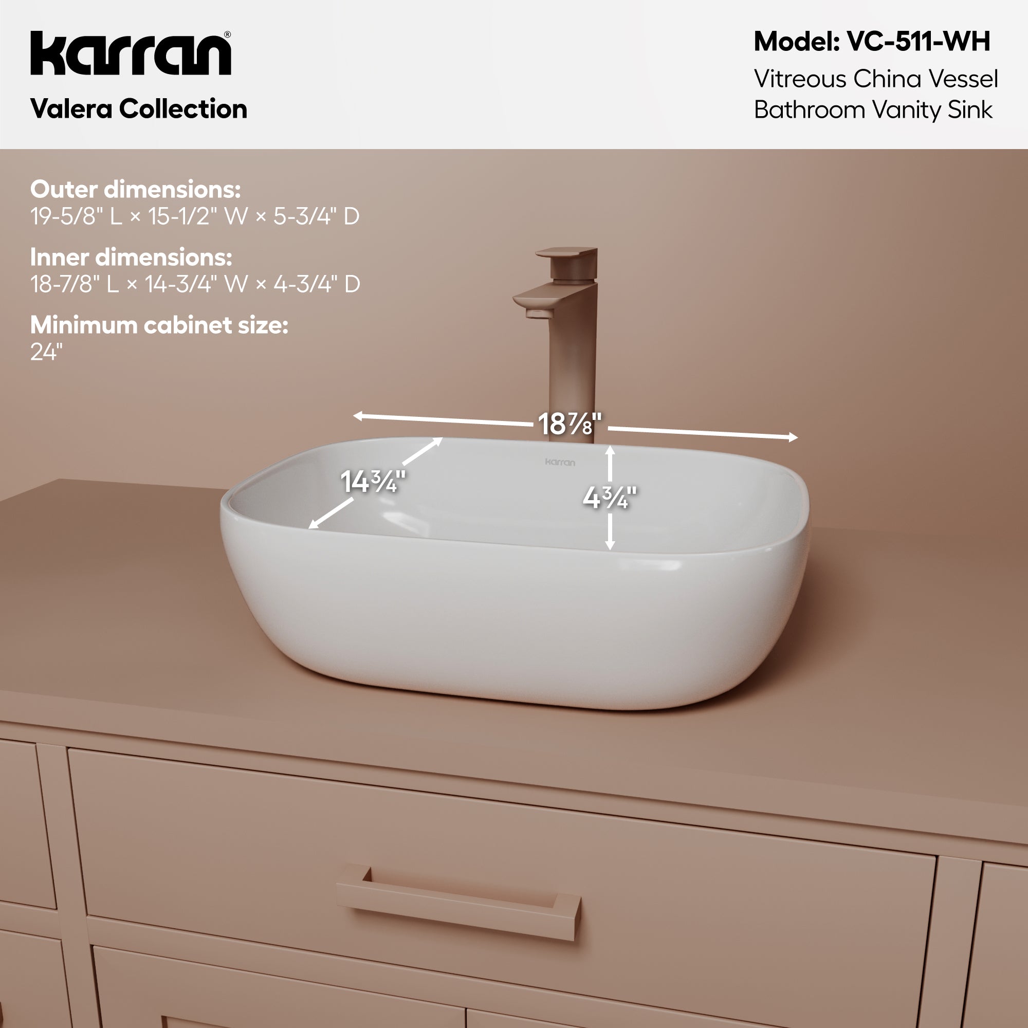 Alternative View of Karran Valera 19.875" x 15.75" x 4.5" Rectangular Vessel Vitreous China ADA Bathroom Sink, White, VC-511-WH