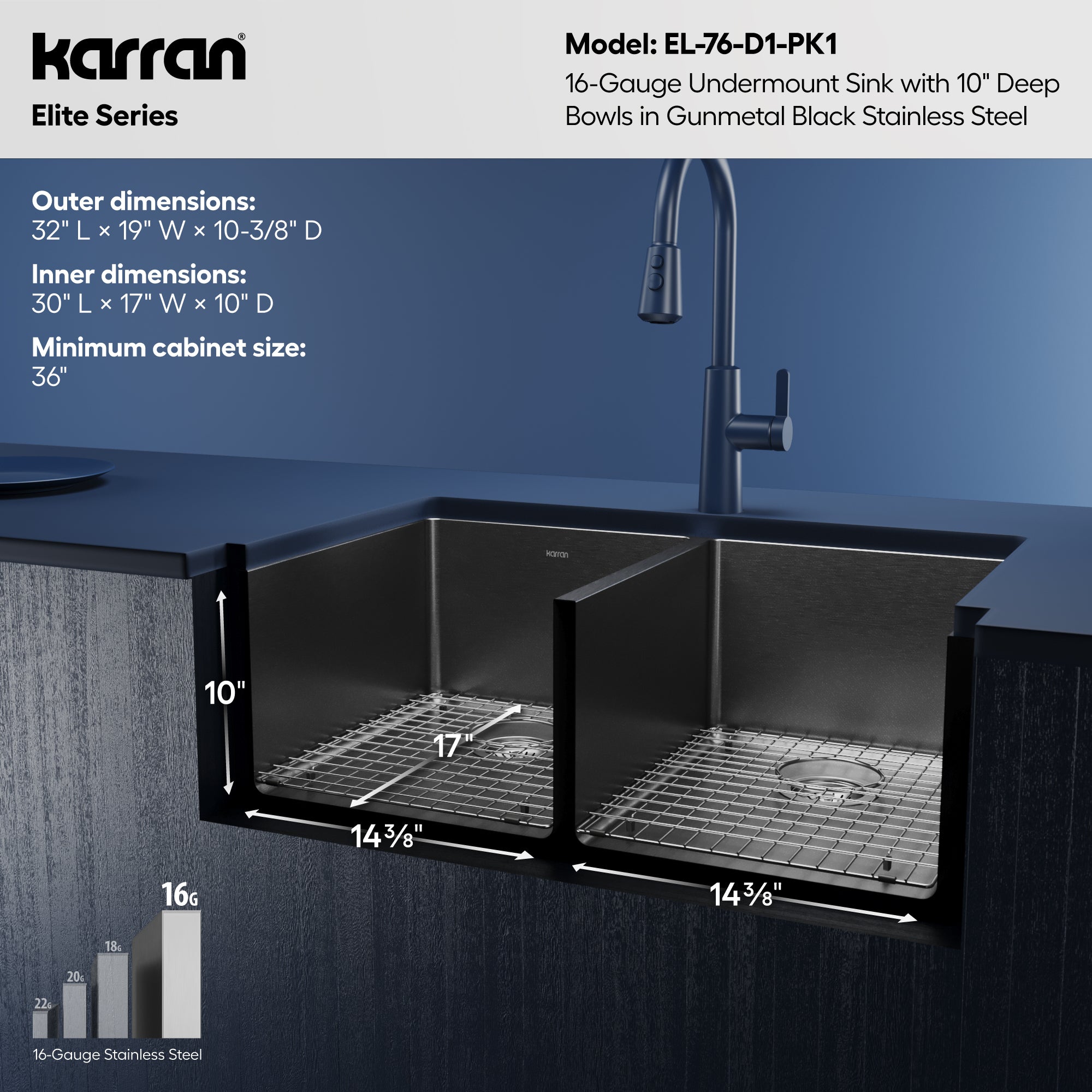 Karran elite 32 stainless steel kitchen sink 50/50 double bowl gunmetal black informational image