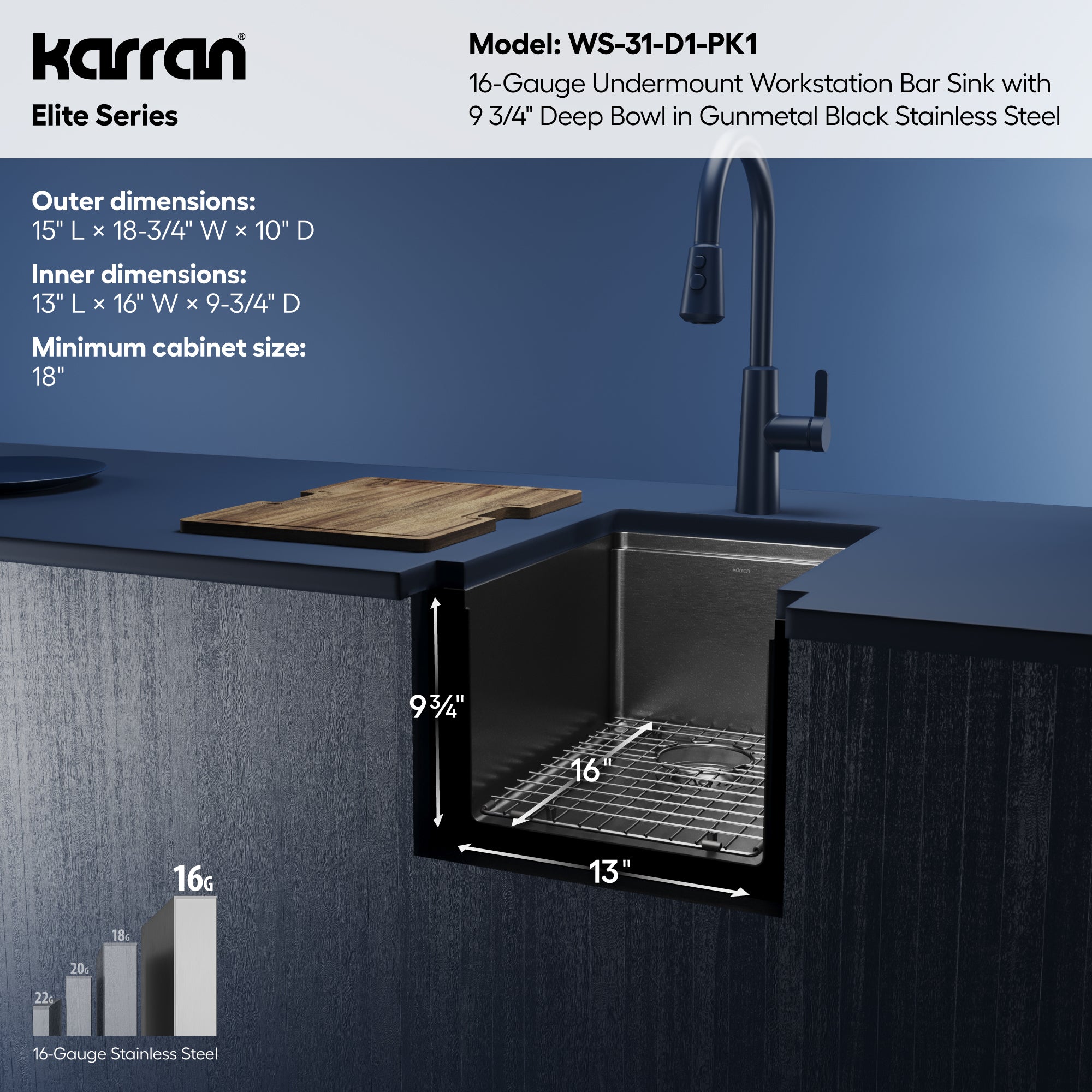 Karran elite workstation 15 stainless steel kitchen sink gunmetal black informational image