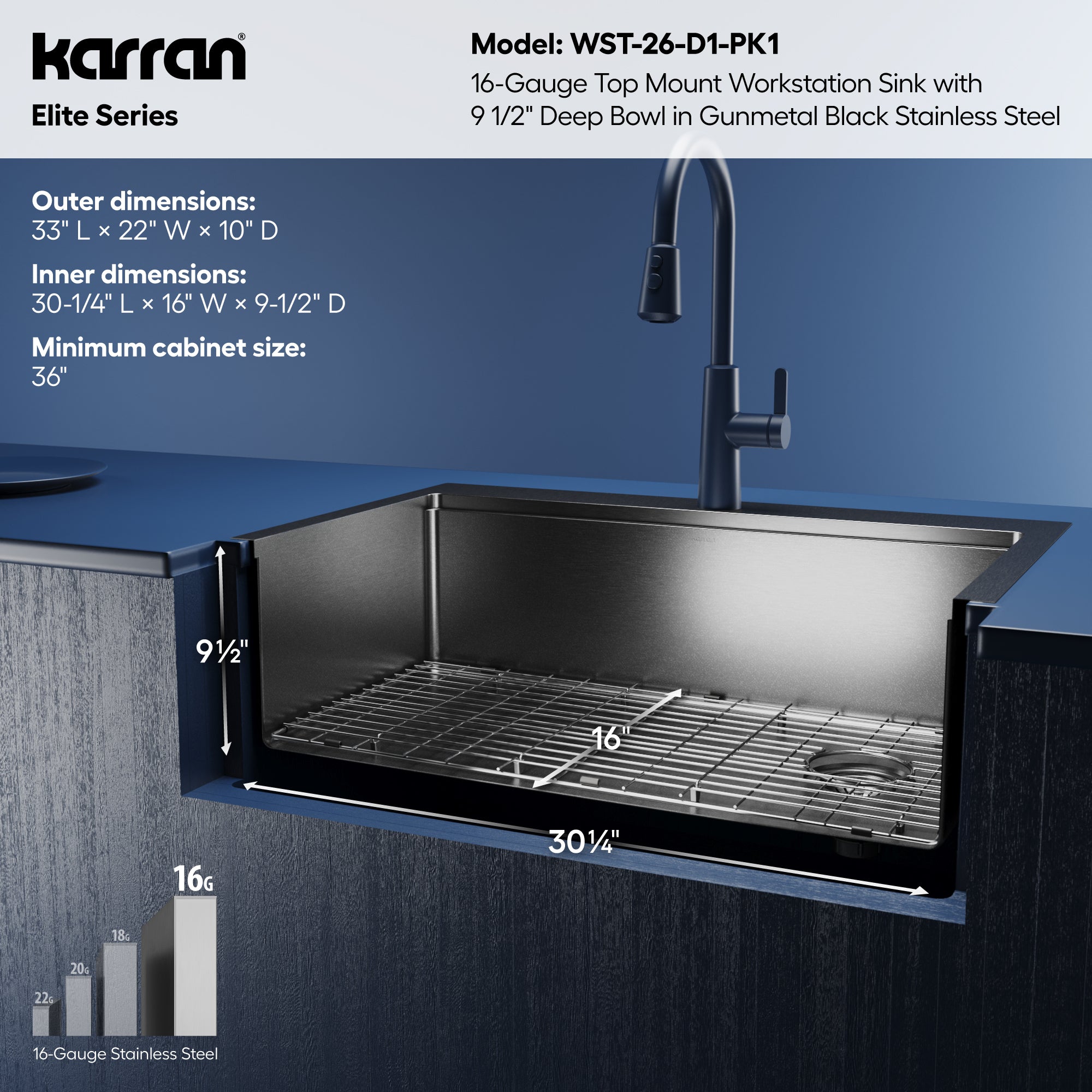 Karran elite workstation 33 stainless steel kitchen sink gunmetal black informational image