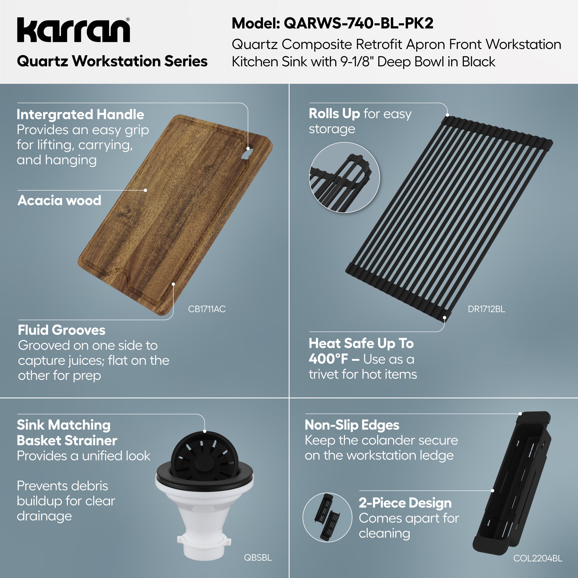Karran 34 quartz composite retrofit workstation farmhouse sink black informational image