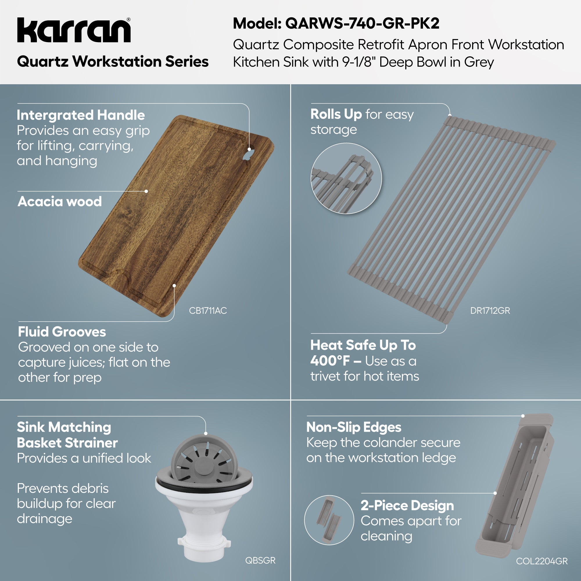 Karran 34 quartz composite retrofit workstation farmhouse sink grey informational image
