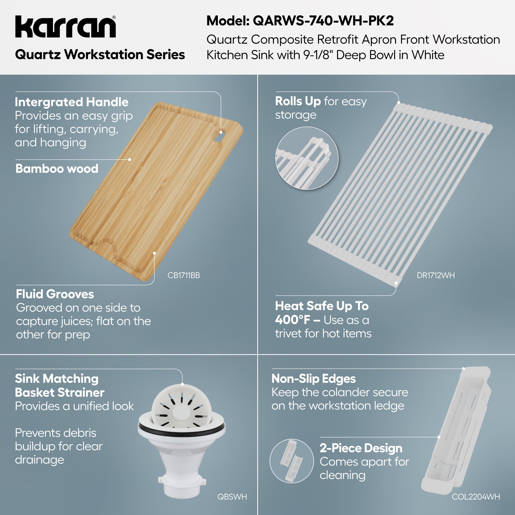 Karran 34 quartz composite retrofit workstation farmhouse sink white informational image
