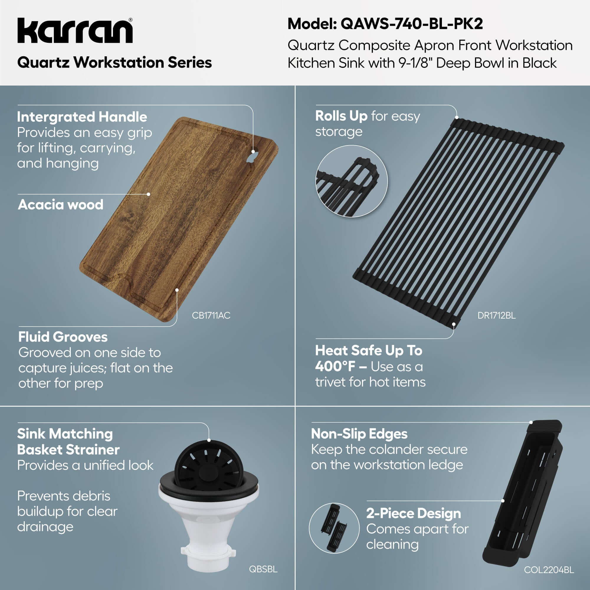 Karran 34 quartz composite workstation farmhouse sink black informational image