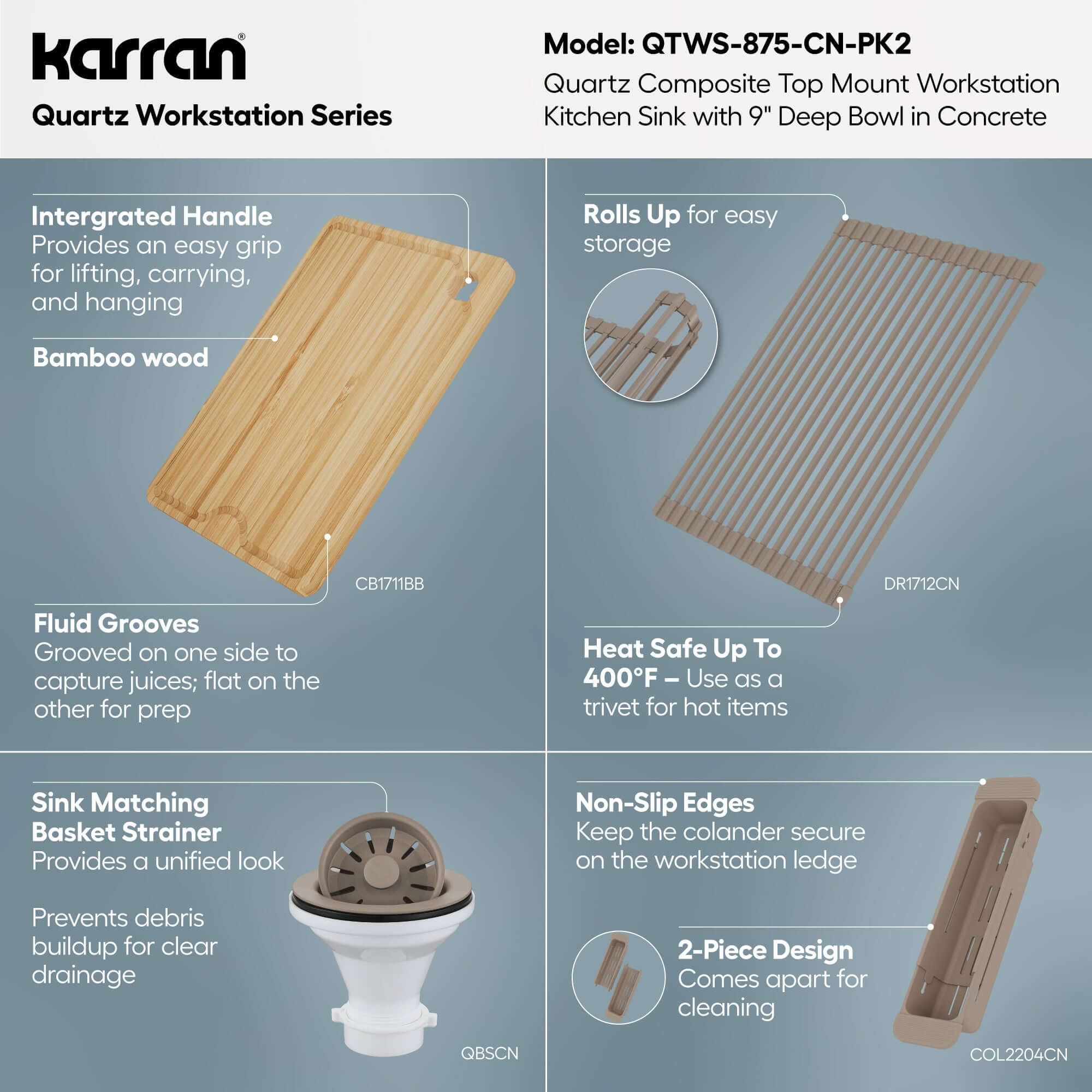 Karran 33 quartz composite workstation kitchen sink concrete informational image